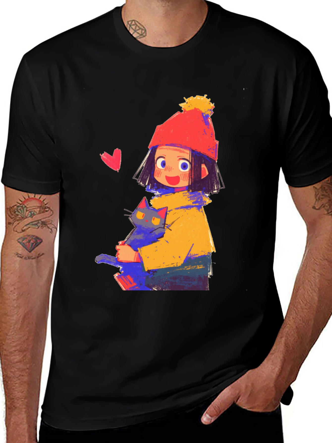 Cute Girl with Cat Graphic Tee