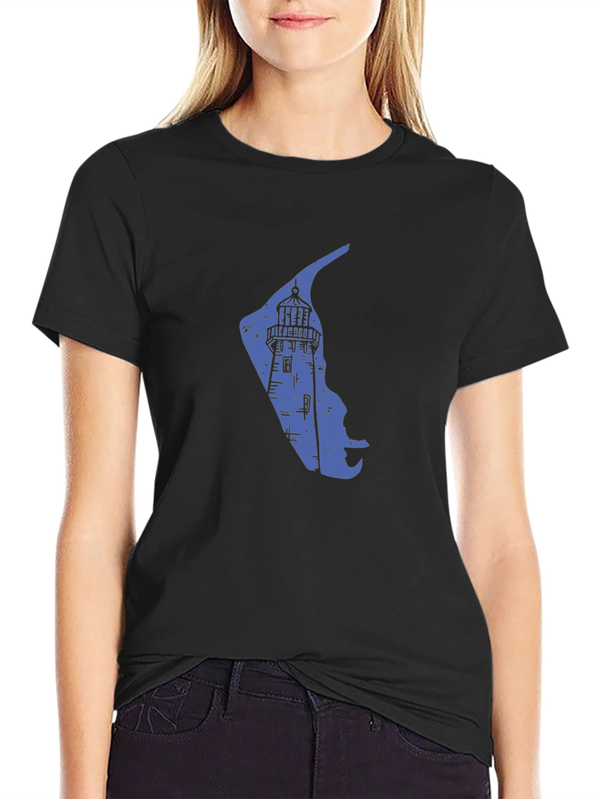 Coastal Lighthouse Graphic Tee - Black Cotton Blend
