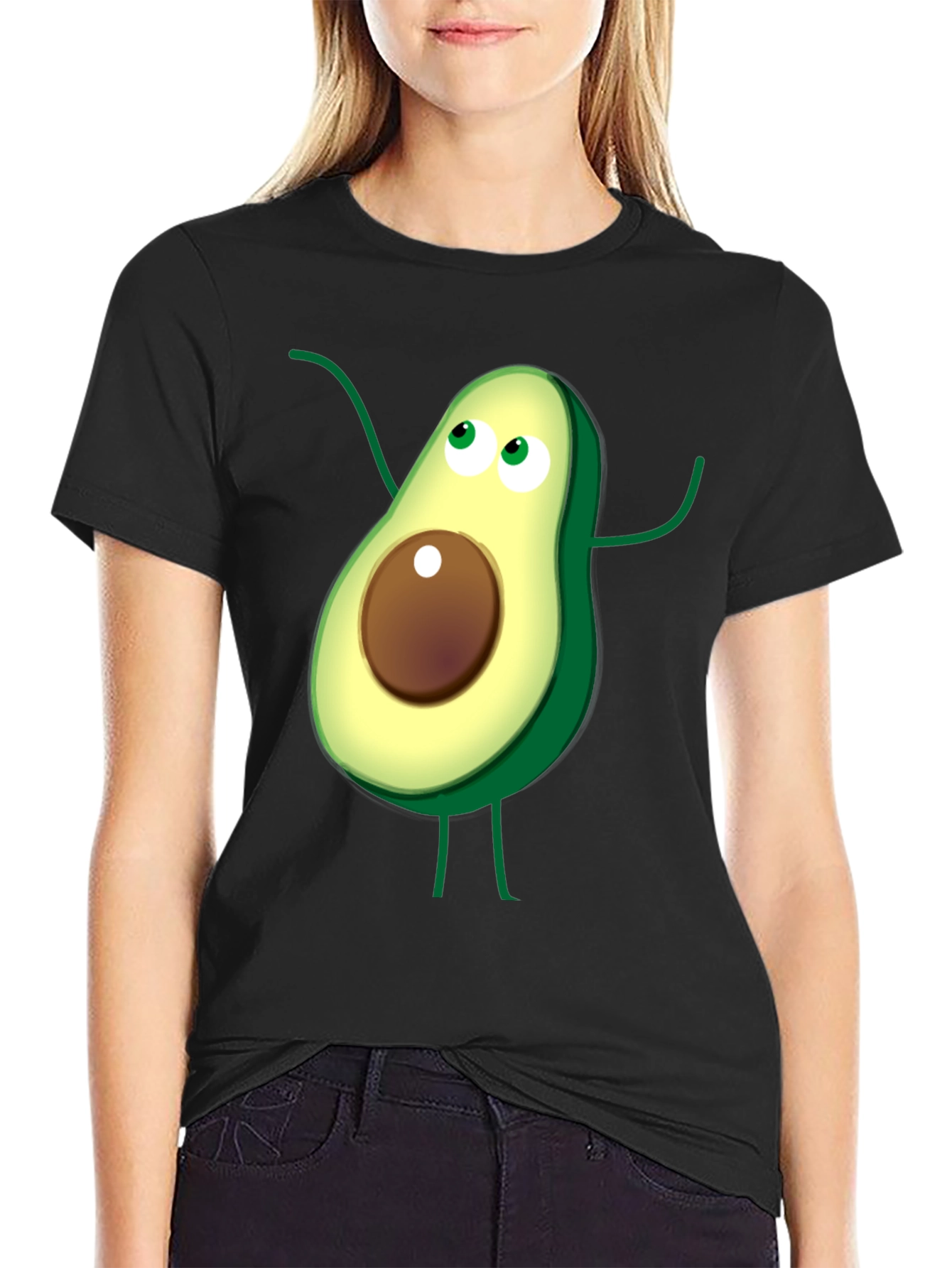 Avocado Cartoon Graphic T-Shirt - Casual Black Tee