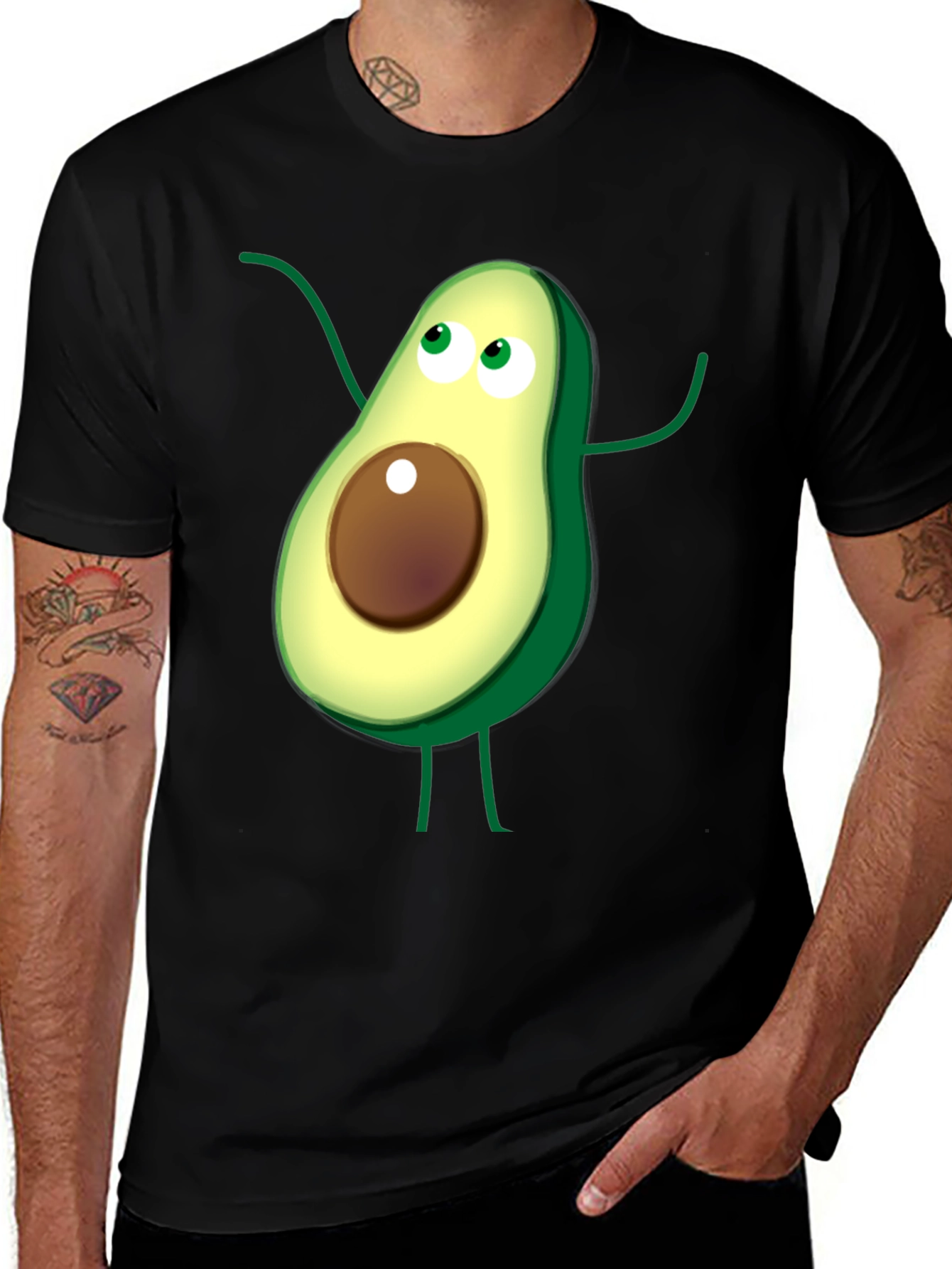 Avocado Cartoon Graphic T-Shirt - Casual Black Tee