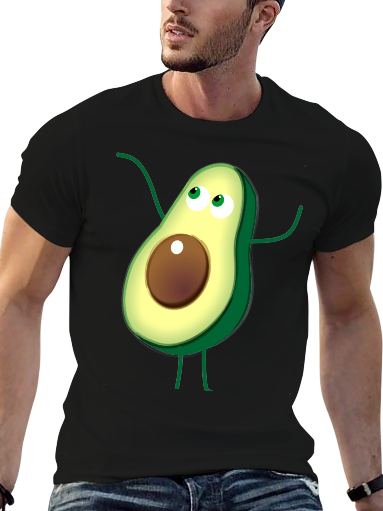 Avocado Cartoon Graphic T-Shirt - Casual Black Tee