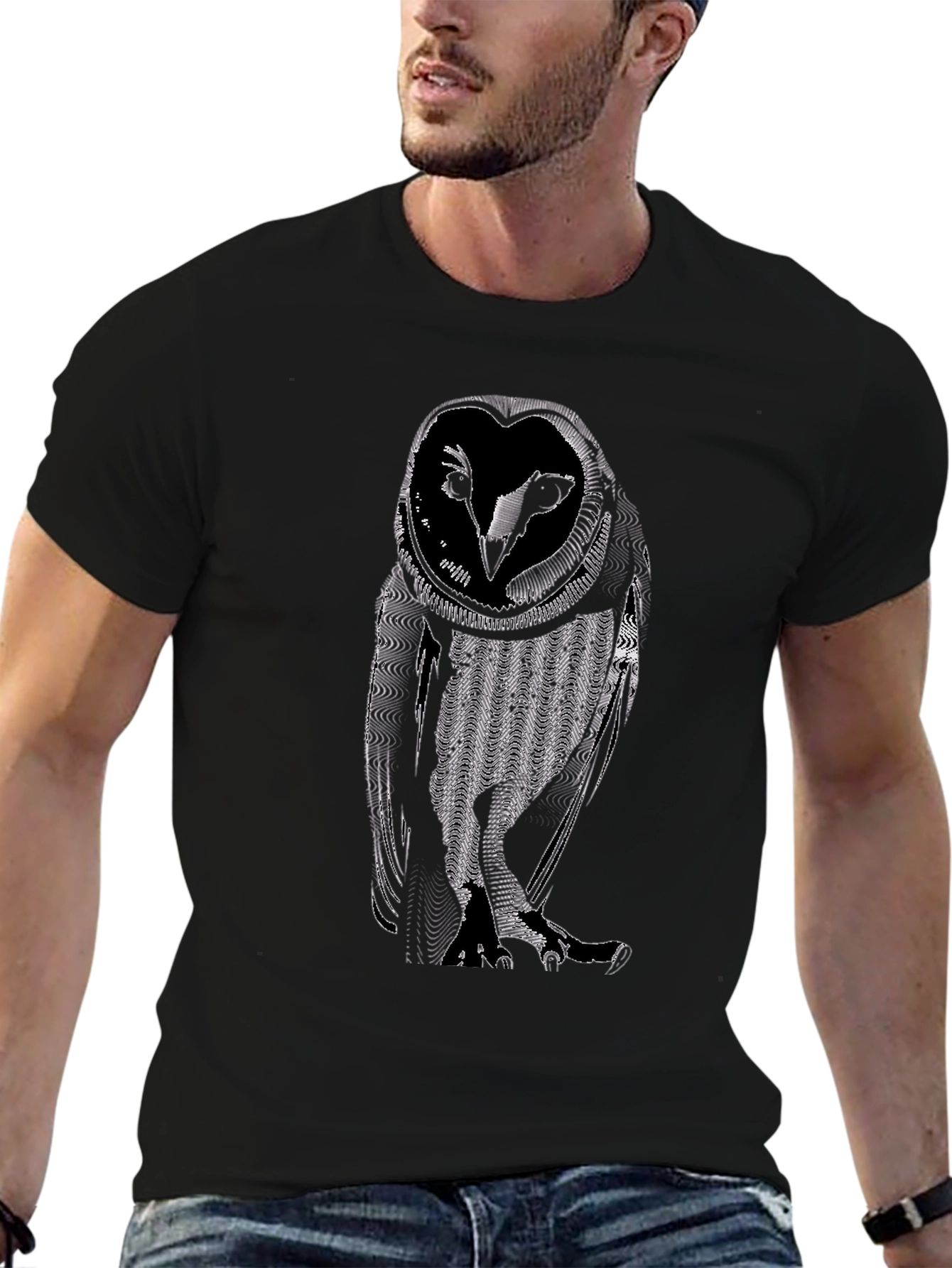 Abstract Owl Graphic Tee - Black Cotton Casual Shirt