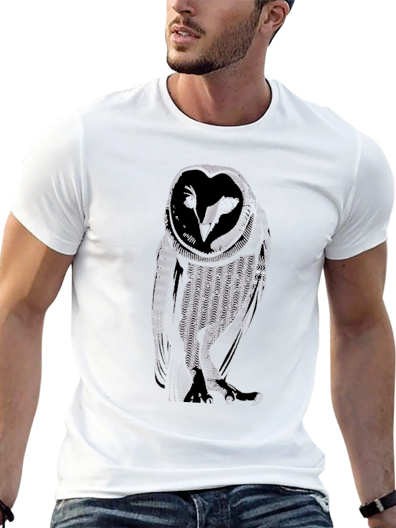 Abstract Owl Graphic Tee - Black Cotton Casual Shirt
