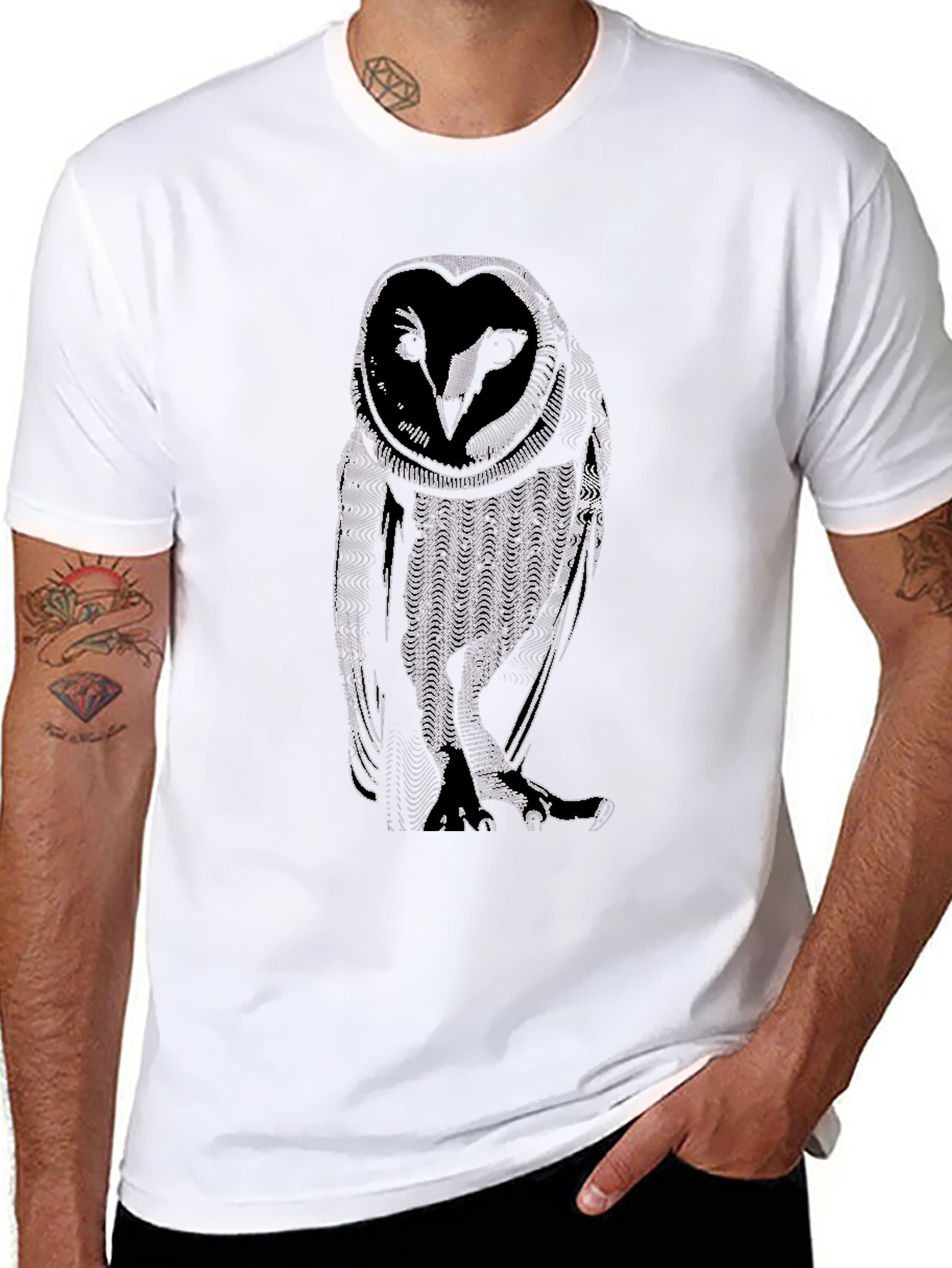 Abstract Owl Graphic Tee - Black Cotton Casual Shirt