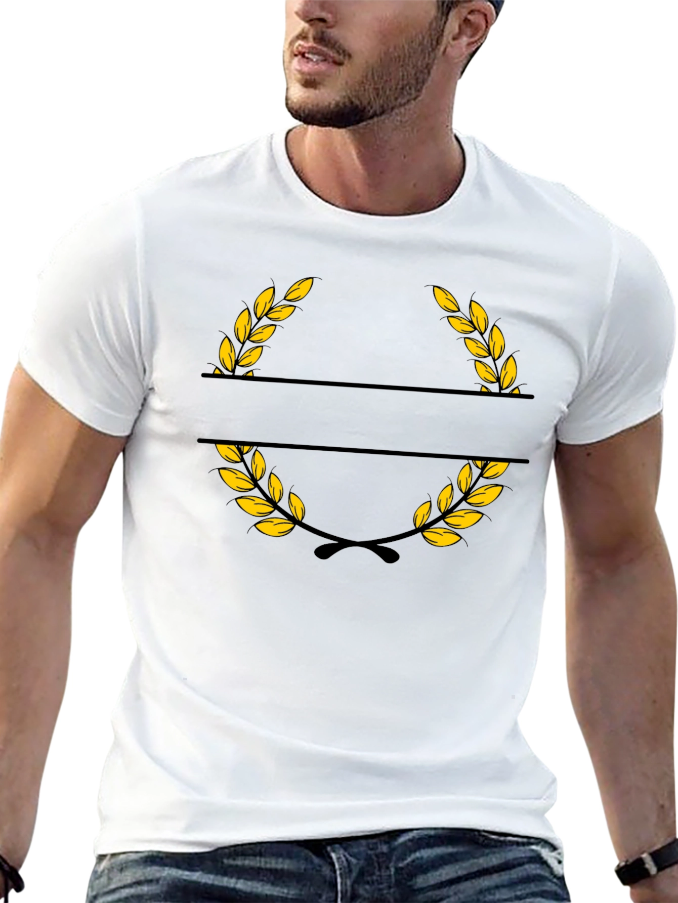 Elegant Black T-Shirt with Golden Wreath Design