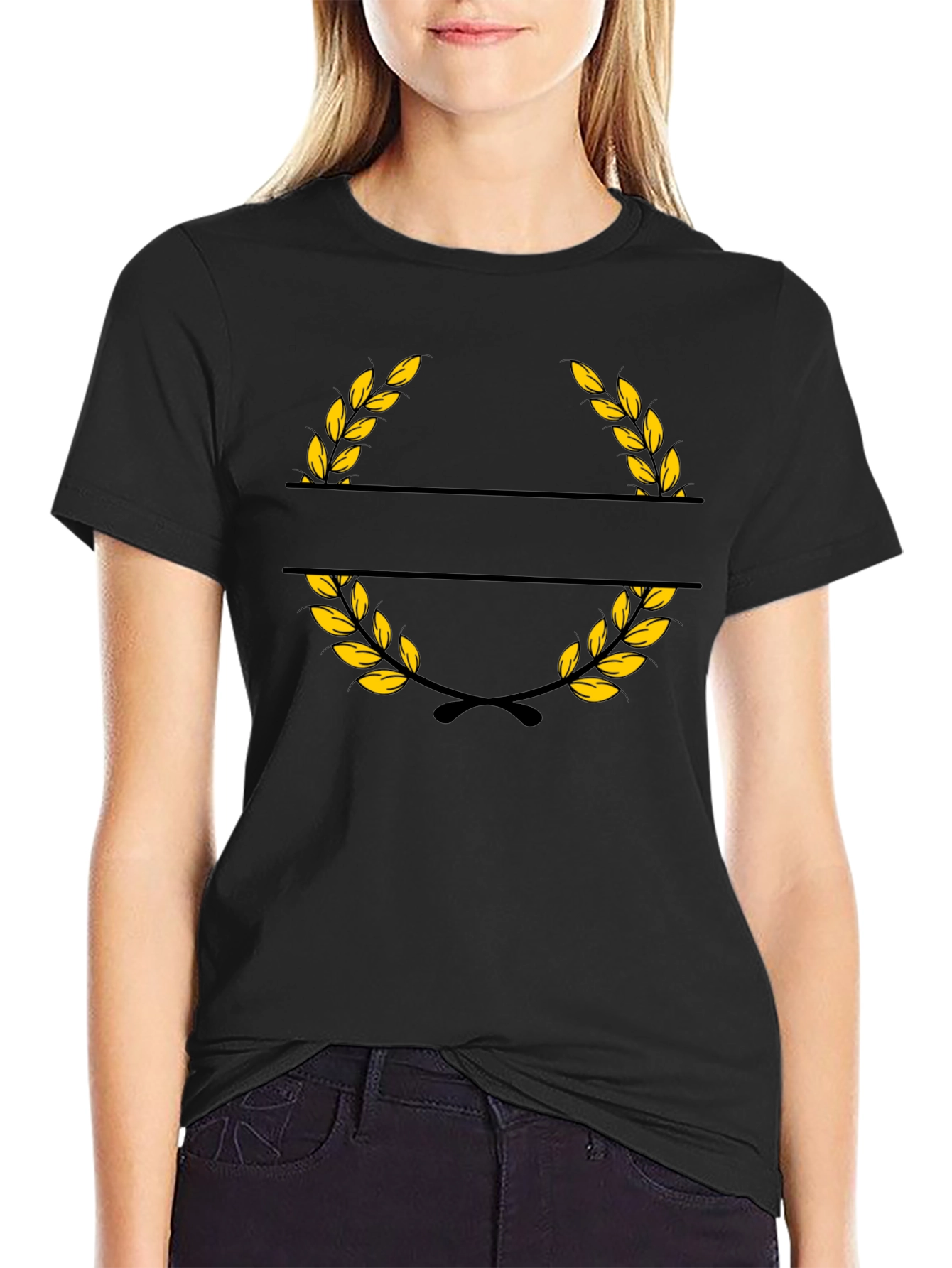 Elegant Black T-Shirt with Golden Wreath Design