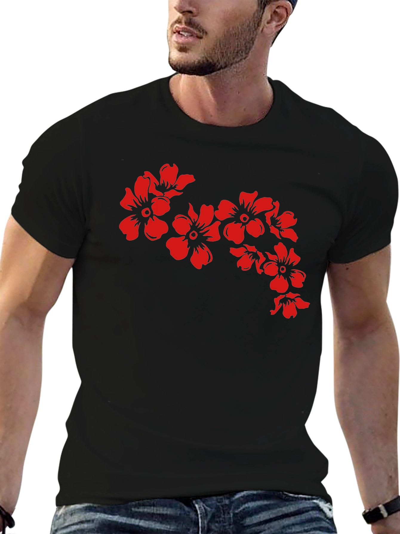 Black T-Shirt with Red Floral Design