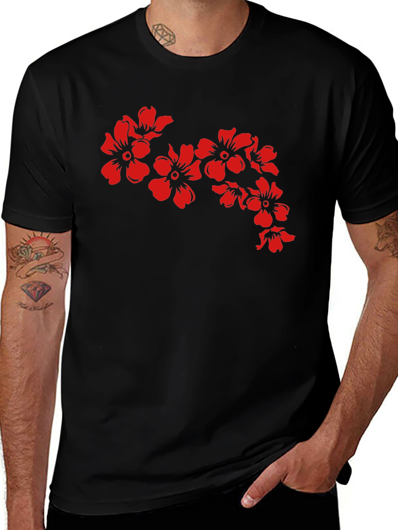 Black T-Shirt with Red Floral Design