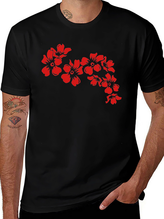 Black T-Shirt with Red Floral Design