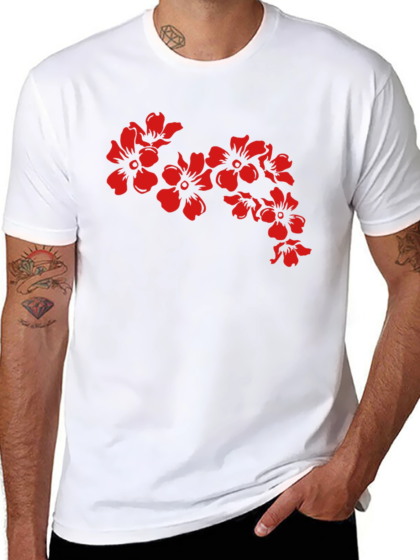 Black T-Shirt with Red Floral Design