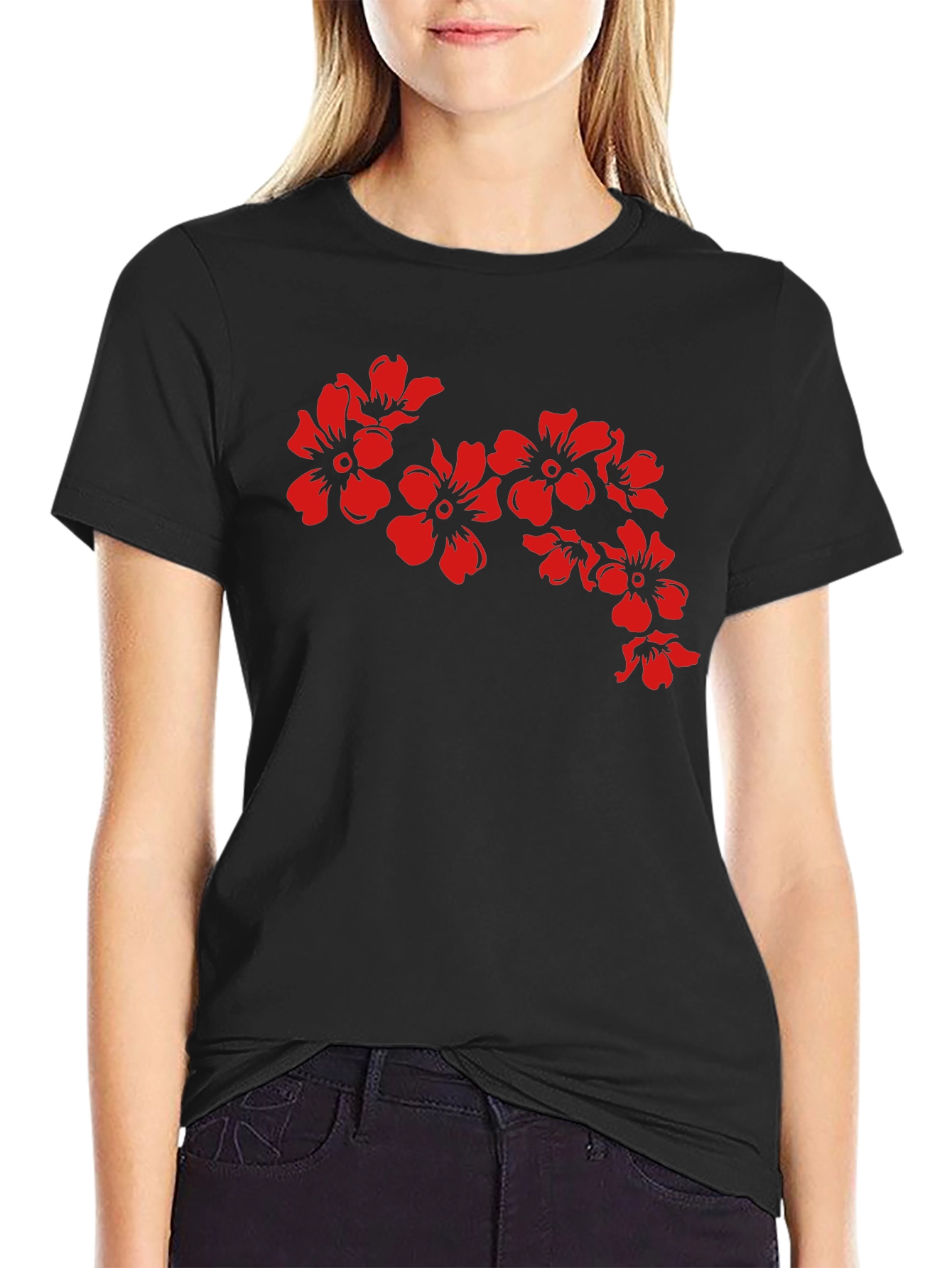 Black T-Shirt with Red Floral Design