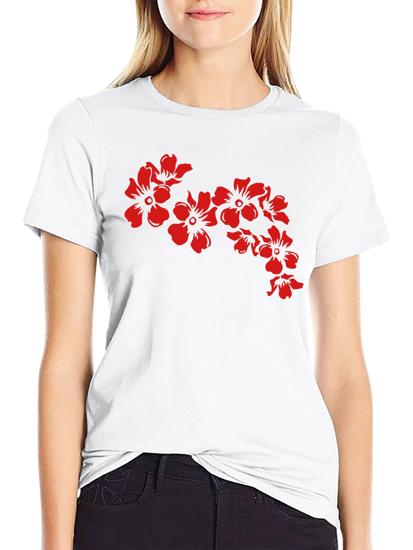 Black T-Shirt with Red Floral Design