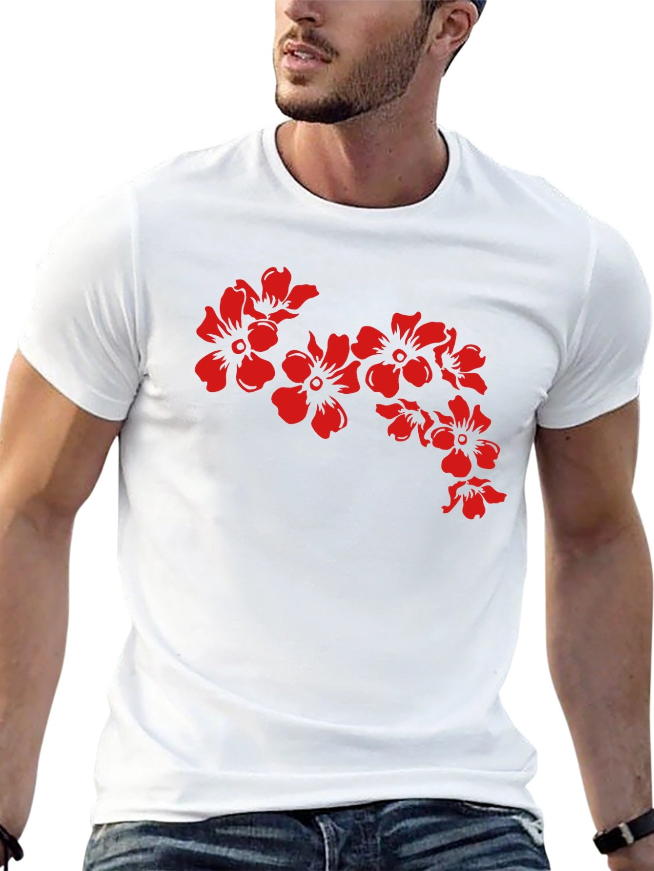 Black T-Shirt with Red Floral Design