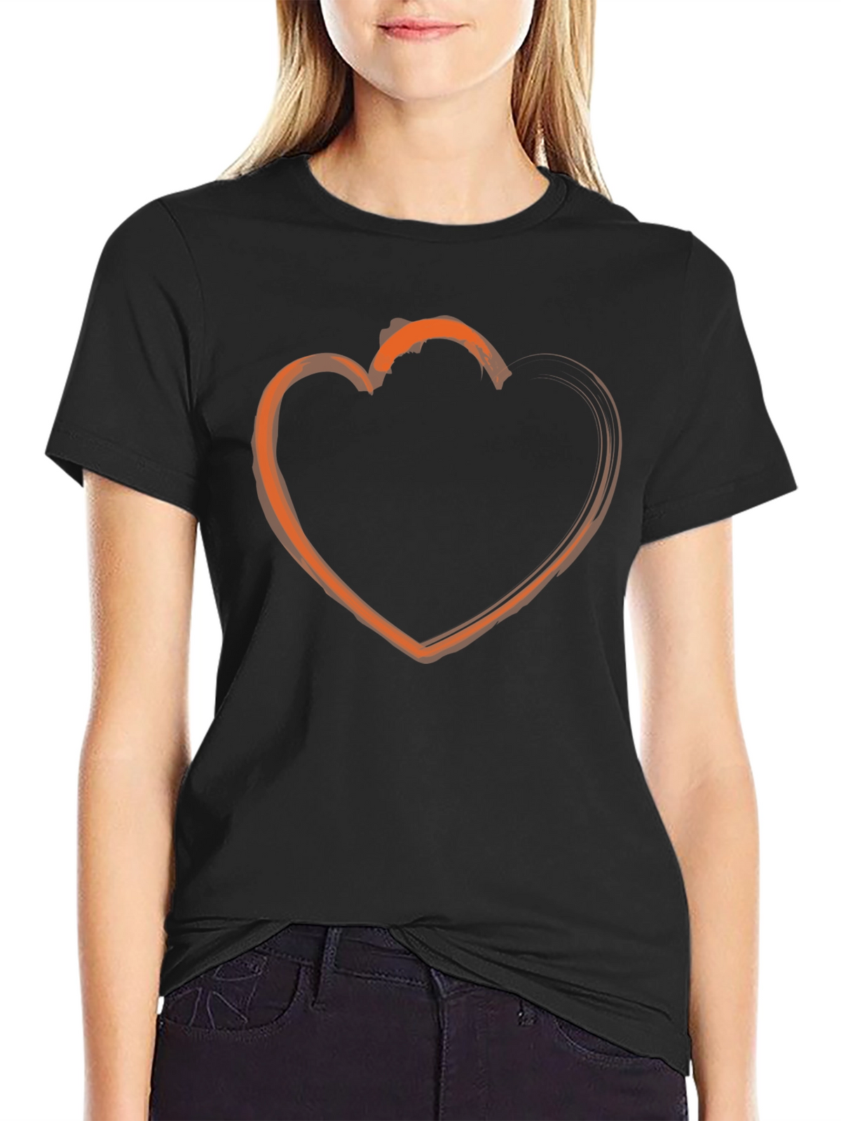 Heart Outline Graphic Tee - Casual Black T-Shirt