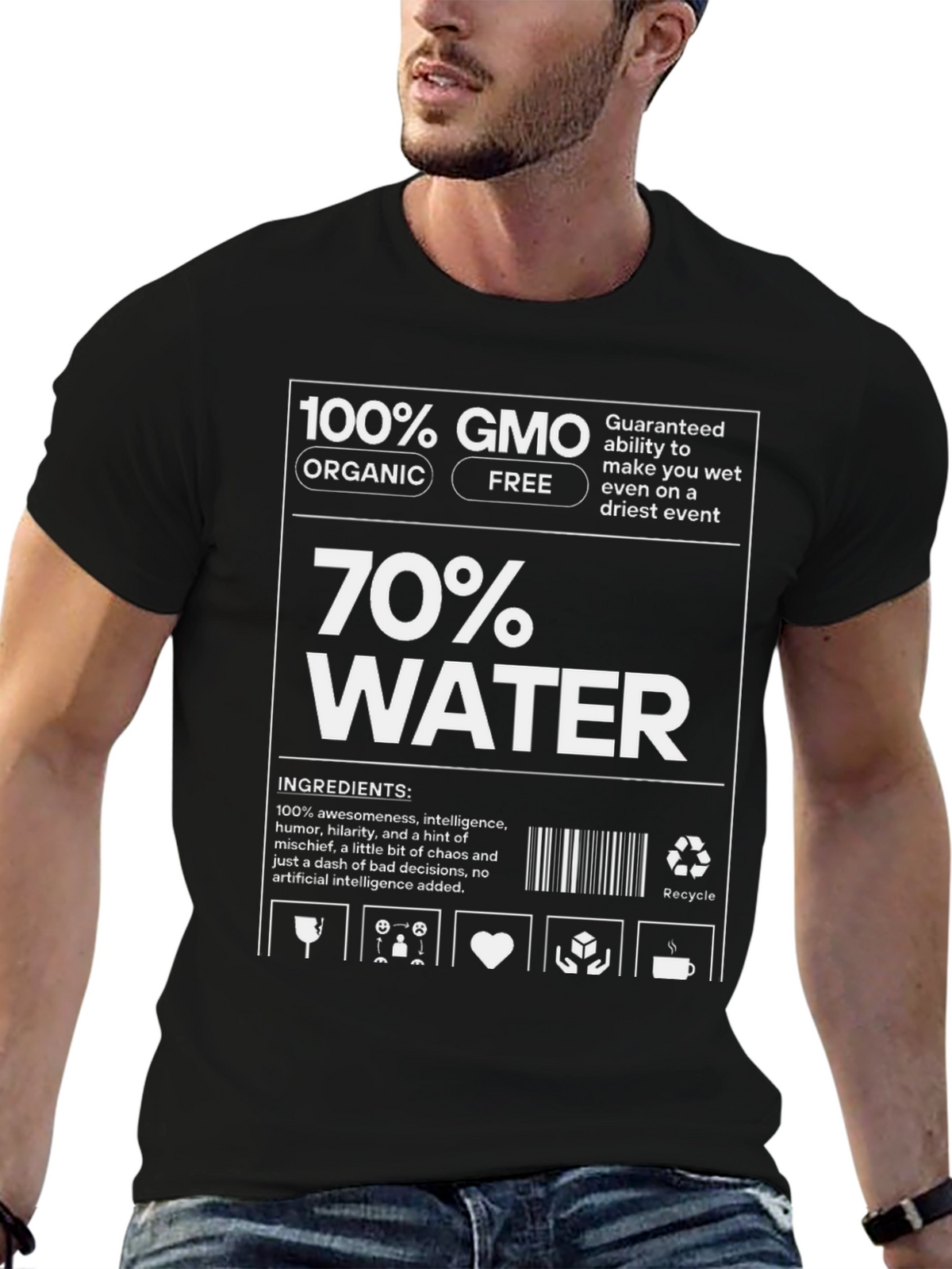 Humorous 100% GMO 70% Water Graphic T-Shirt