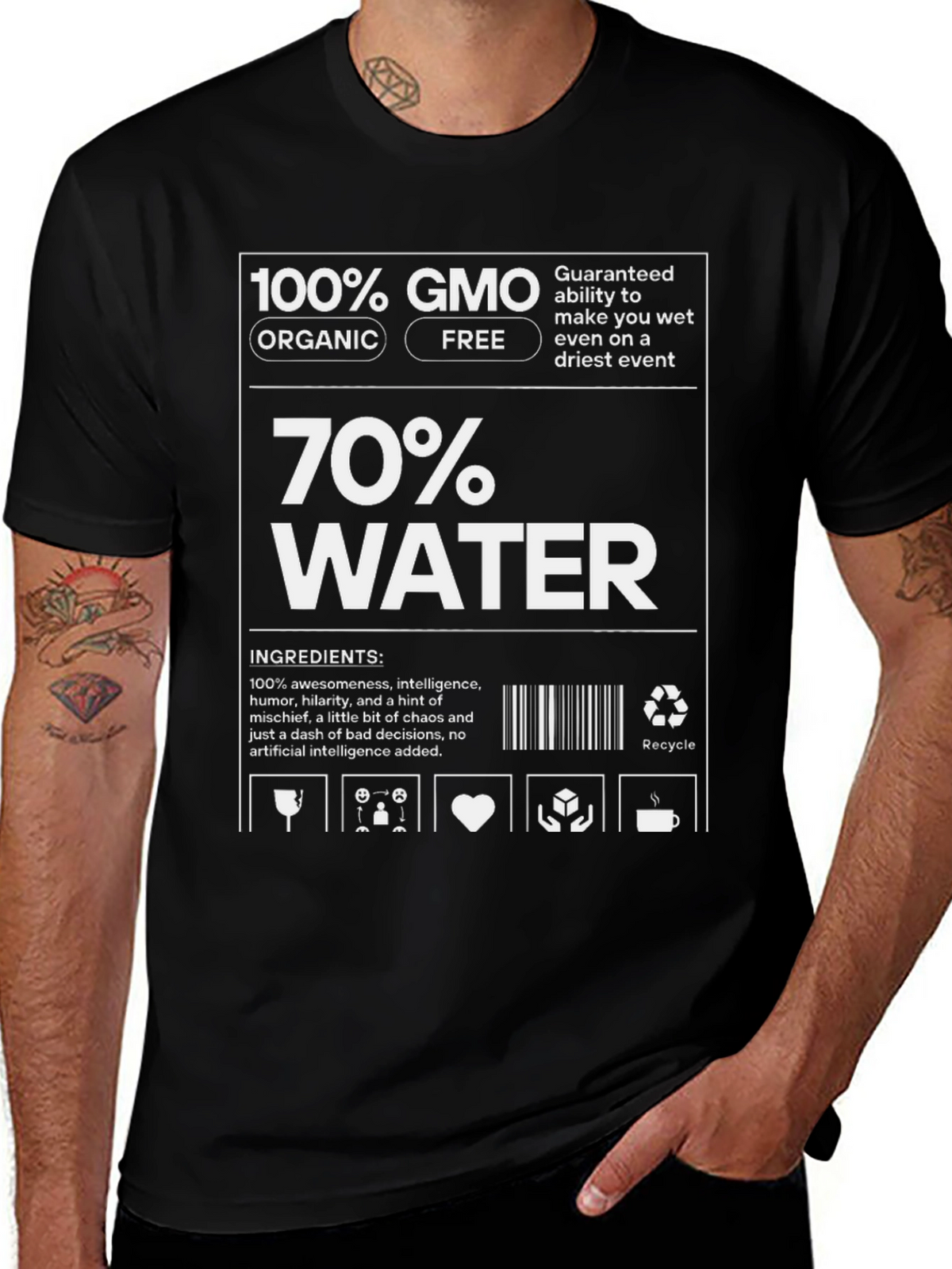 Humorous 100% GMO 70% Water Graphic T-Shirt