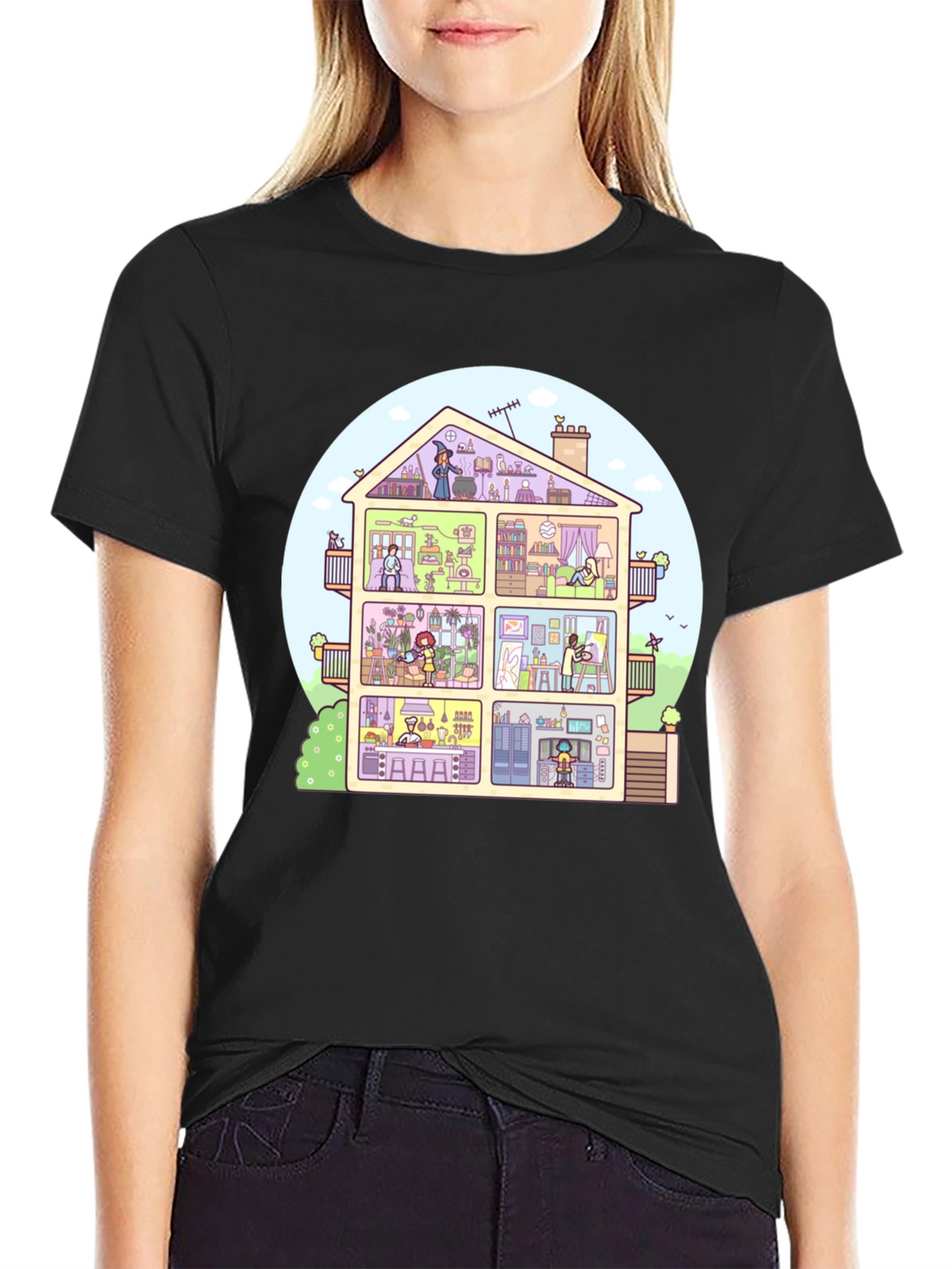 Cartoon House T-Shirt - Black