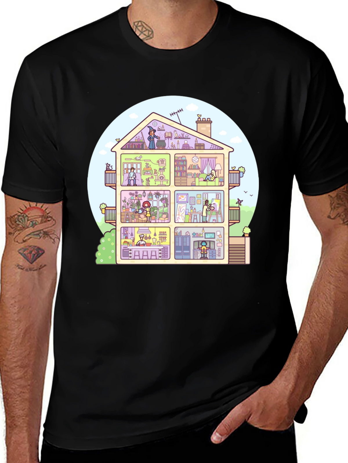 Cartoon House T-Shirt - Black