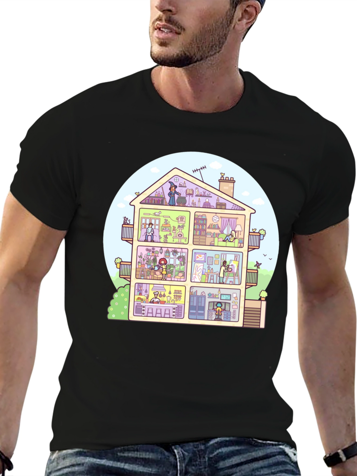 Cartoon House T-Shirt - Black