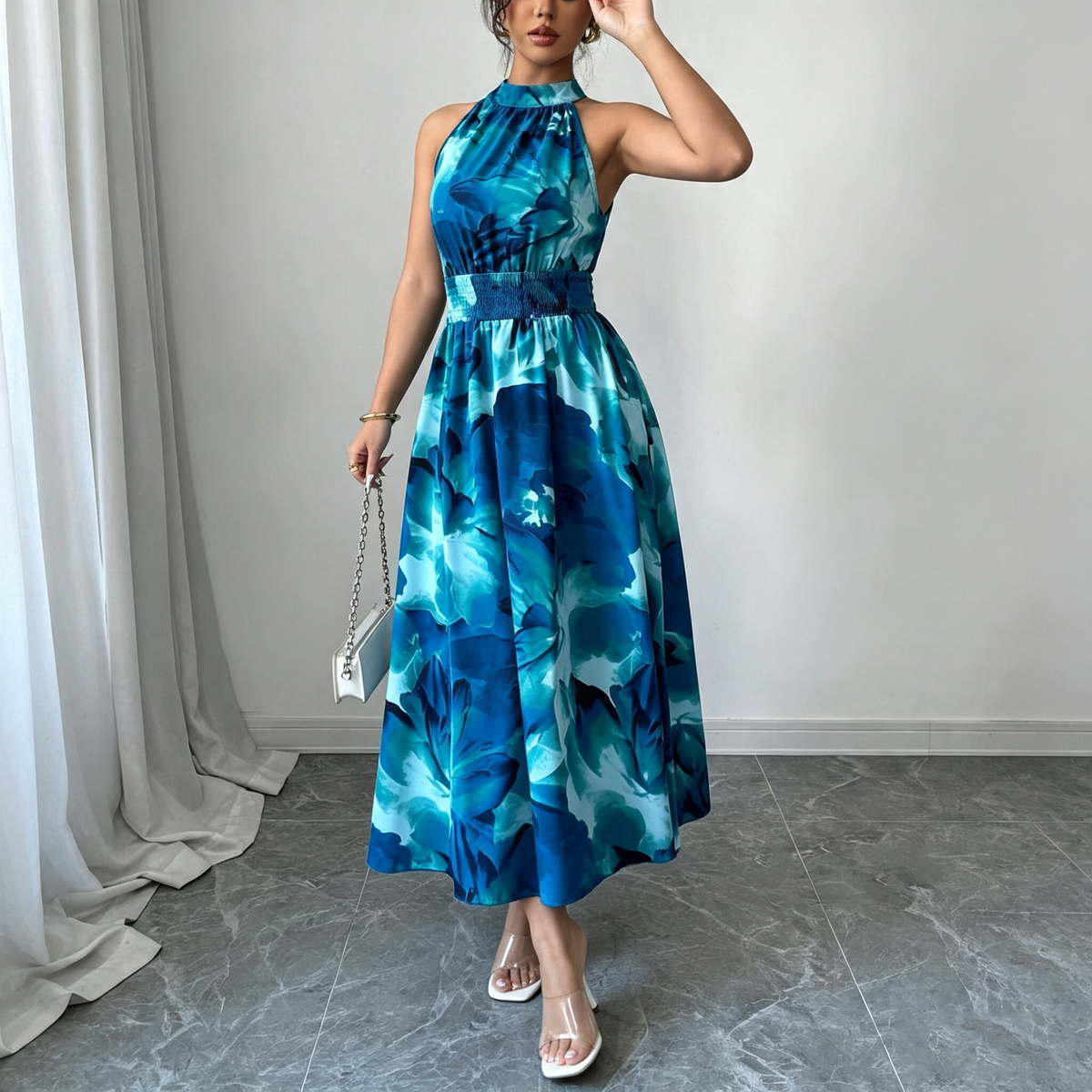 Women's Elegant Summer Dyeing Halter-Neck Sleeveless Tight Waist A-Line Dress