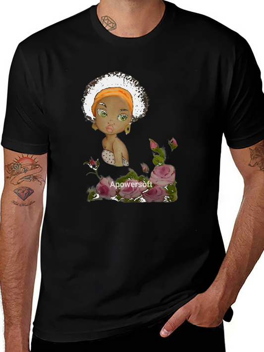Unique Graphic Tee: Afro Girl with Roses - Soft Black Cotton