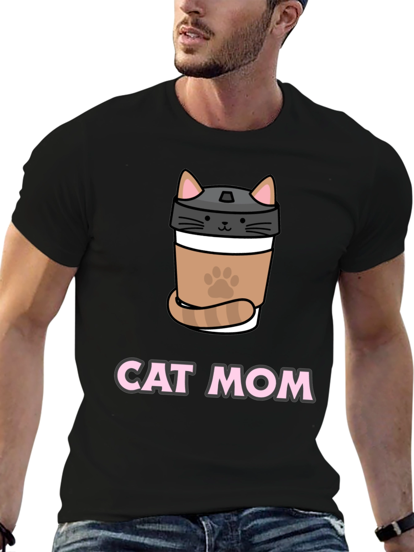 Cat Mom Coffee Cup T-Shirt - Black