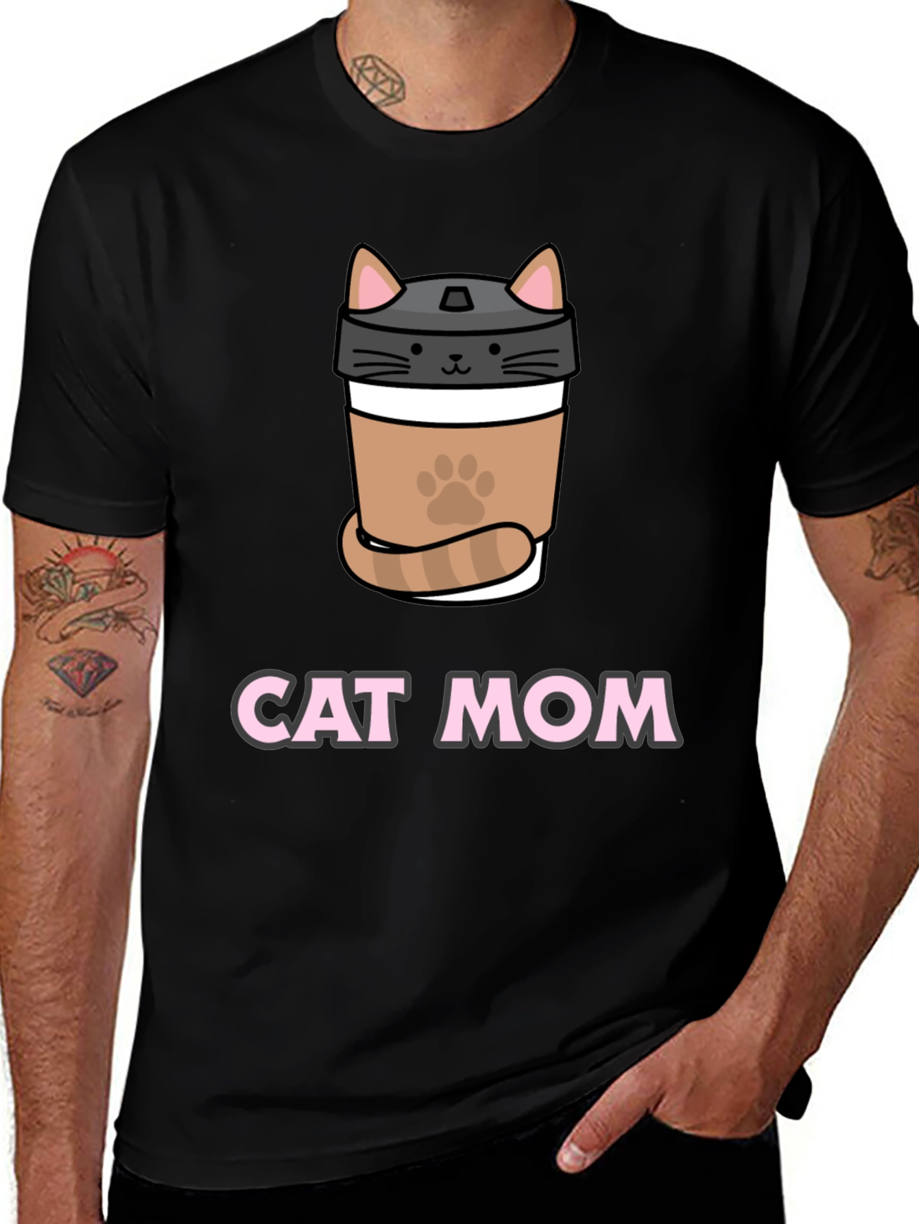 Cat Mom Coffee Cup T-Shirt - Black