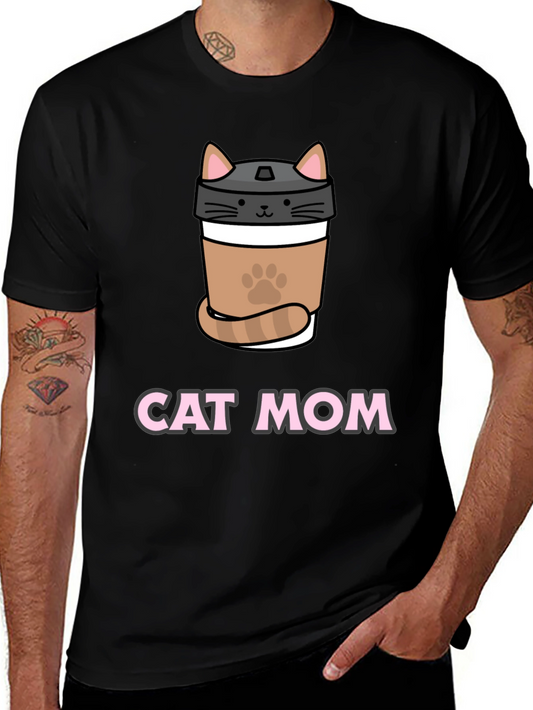 Cat Mom Coffee Cup T-Shirt - Black