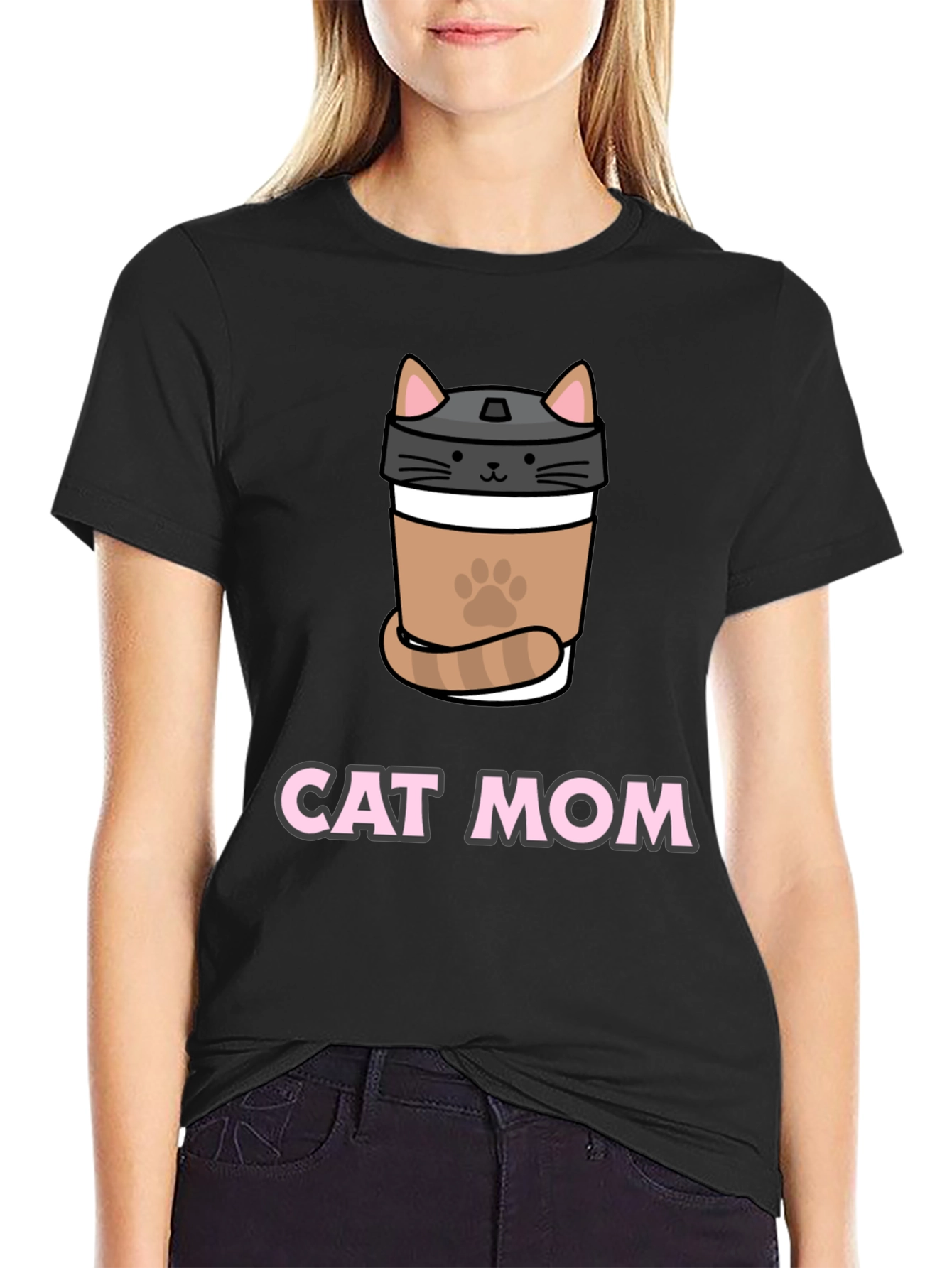 Cat Mom Coffee Cup T-Shirt - Black