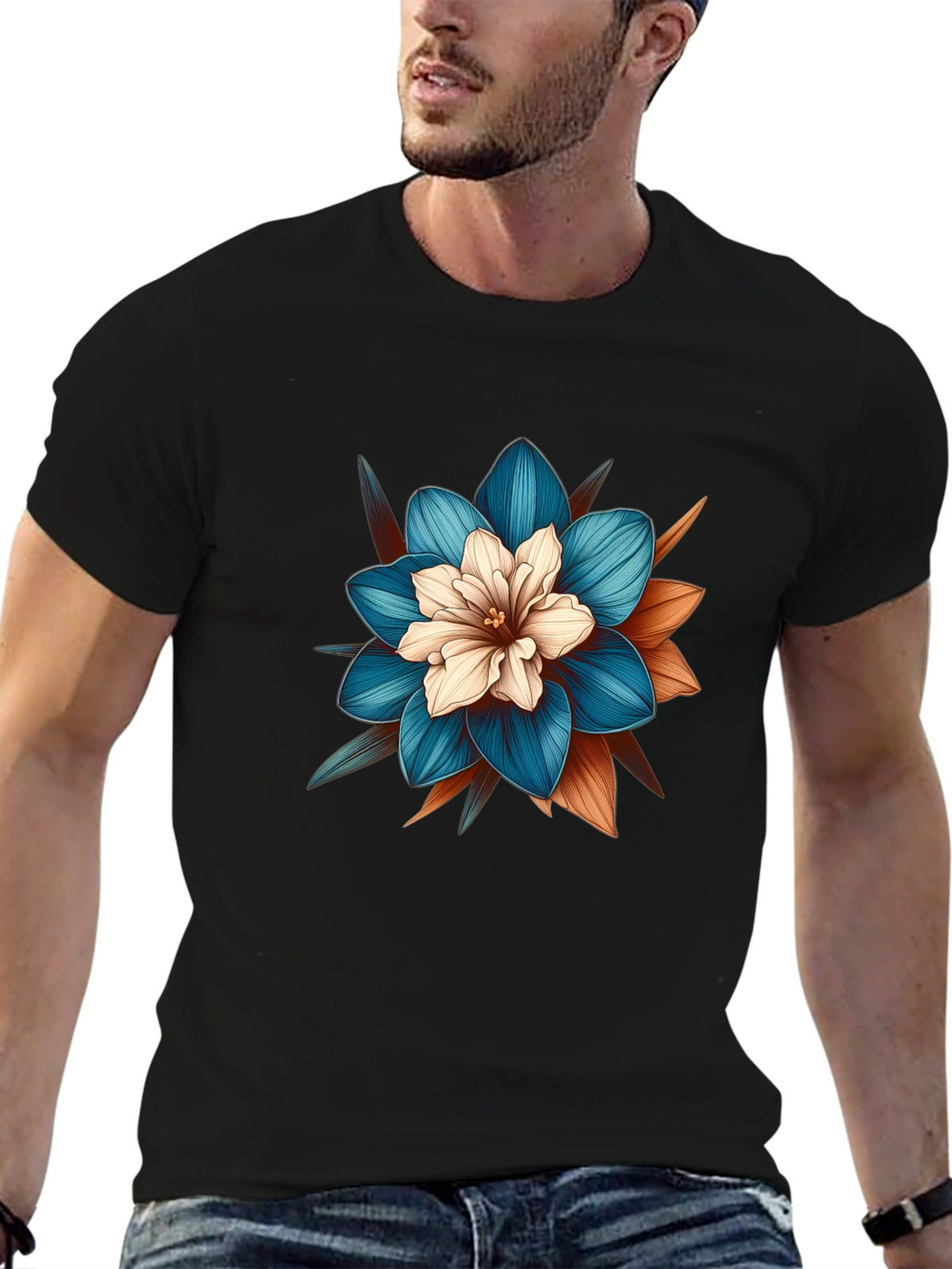 Floral Graphic Tee - Stylish Mens Black T-Shirt