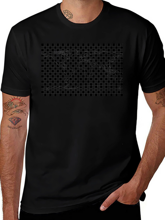 Black Checkered World Map Graphic Tee - Mens Casual Shirt