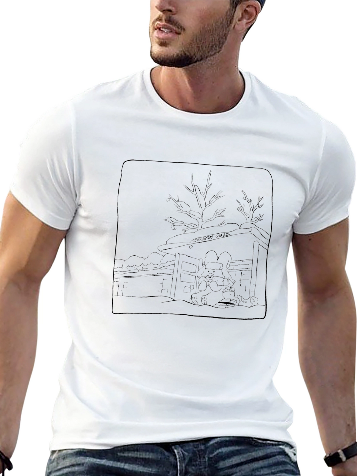 Line Art Cabin Graphic Tee - Black