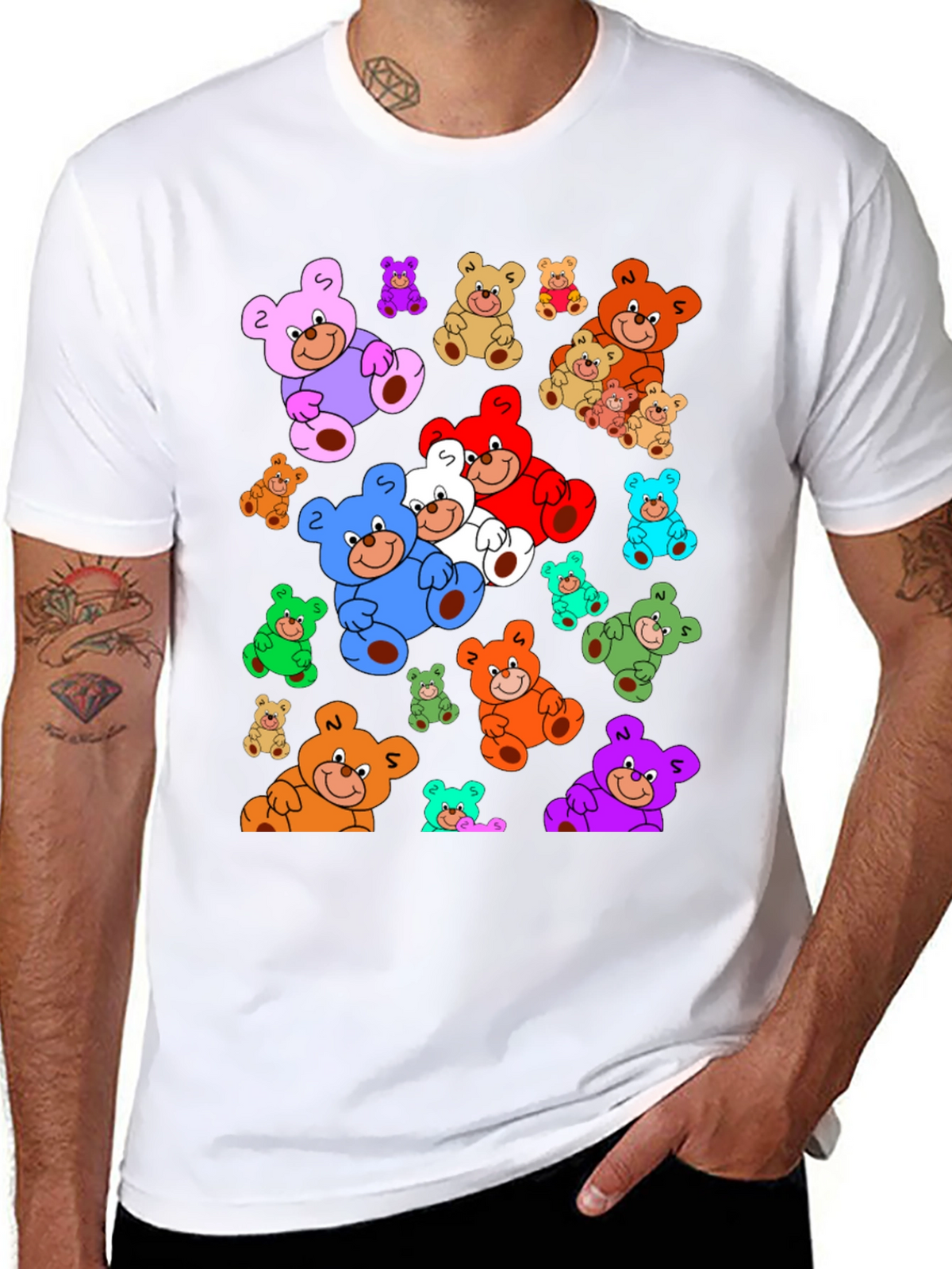Fun Cartoon Teddy Bear Print Black T-Shirt