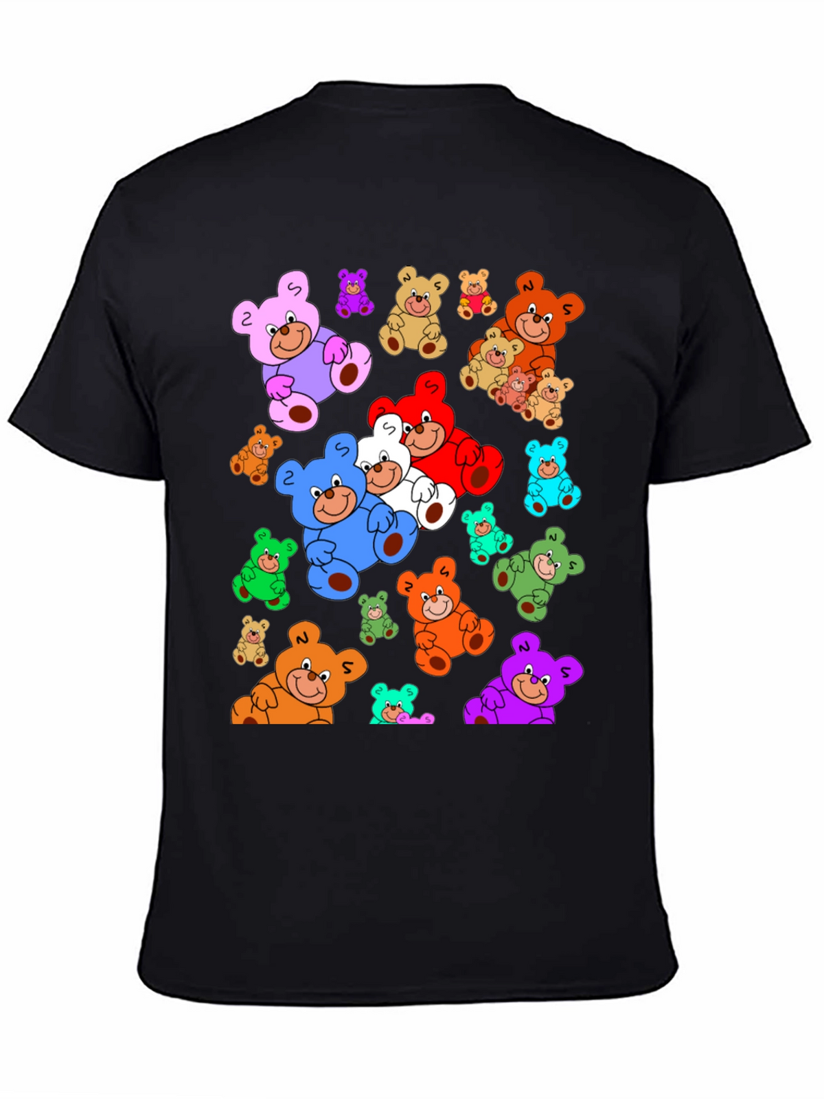 Fun Cartoon Teddy Bear Print Black T-Shirt