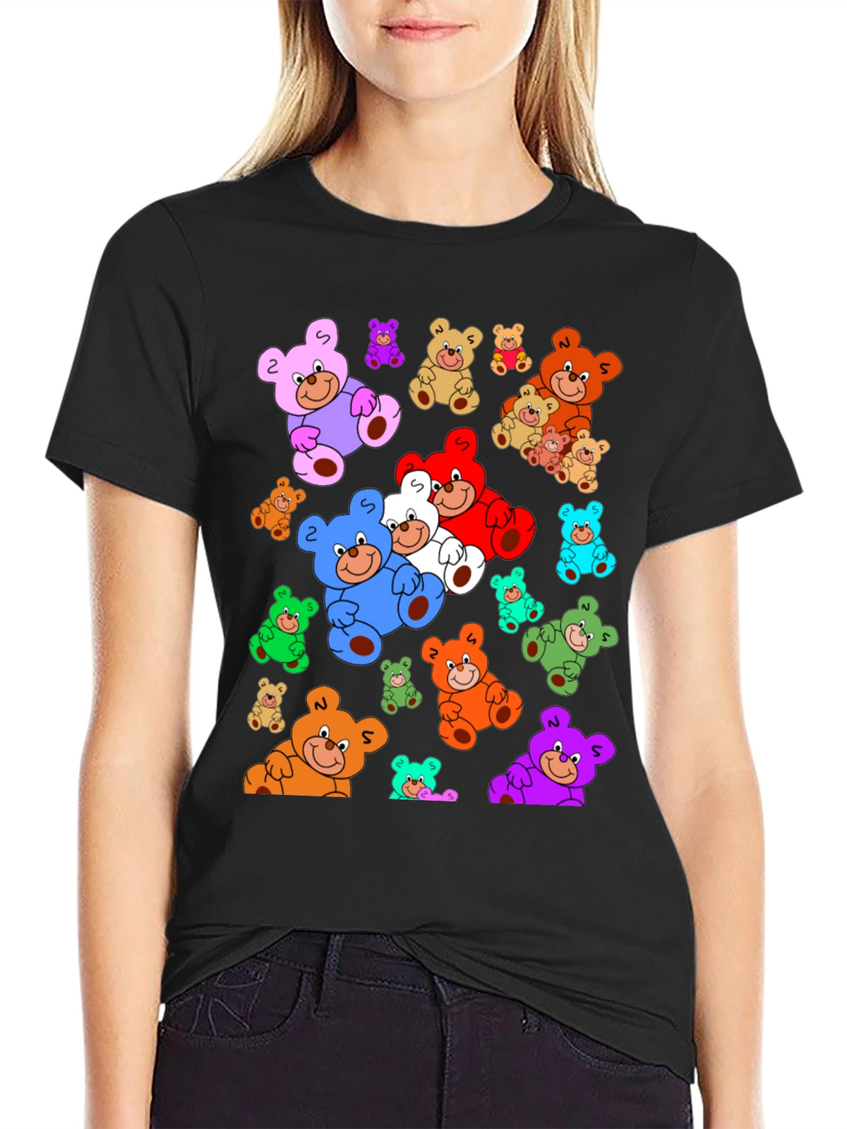 Fun Cartoon Teddy Bear Print Black T-Shirt