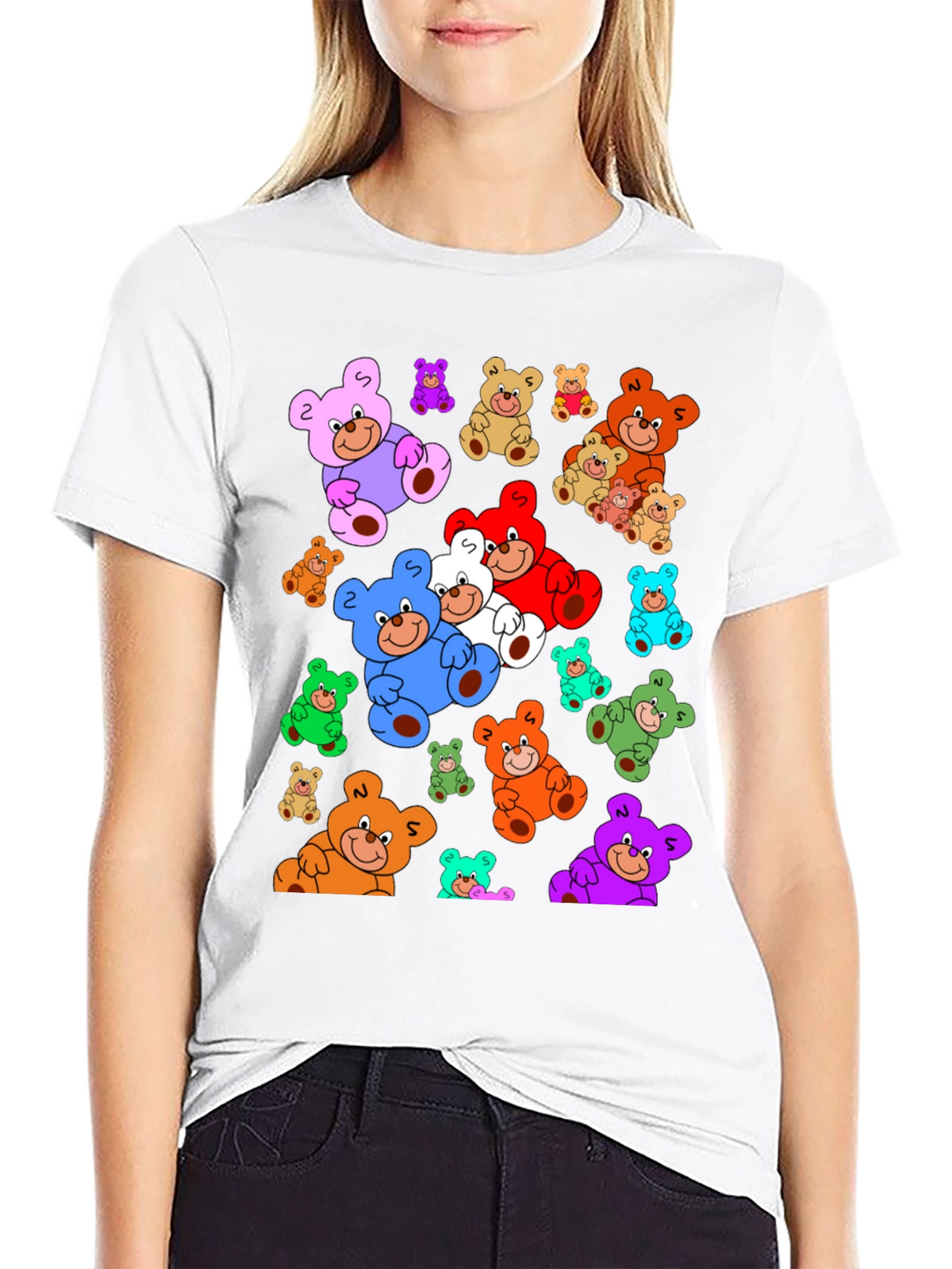 Fun Cartoon Teddy Bear Print Black T-Shirt