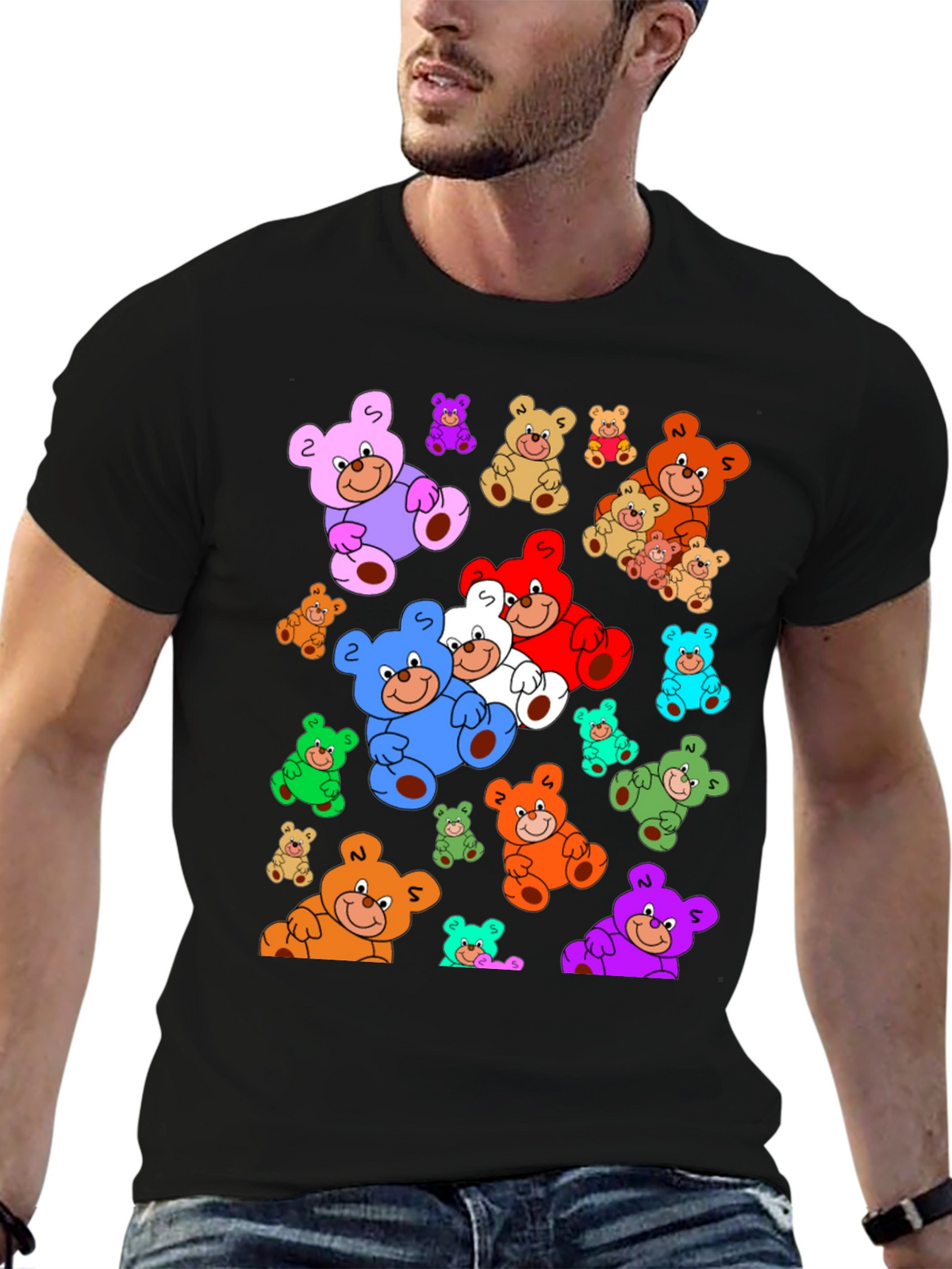 Fun Cartoon Teddy Bear Print Black T-Shirt