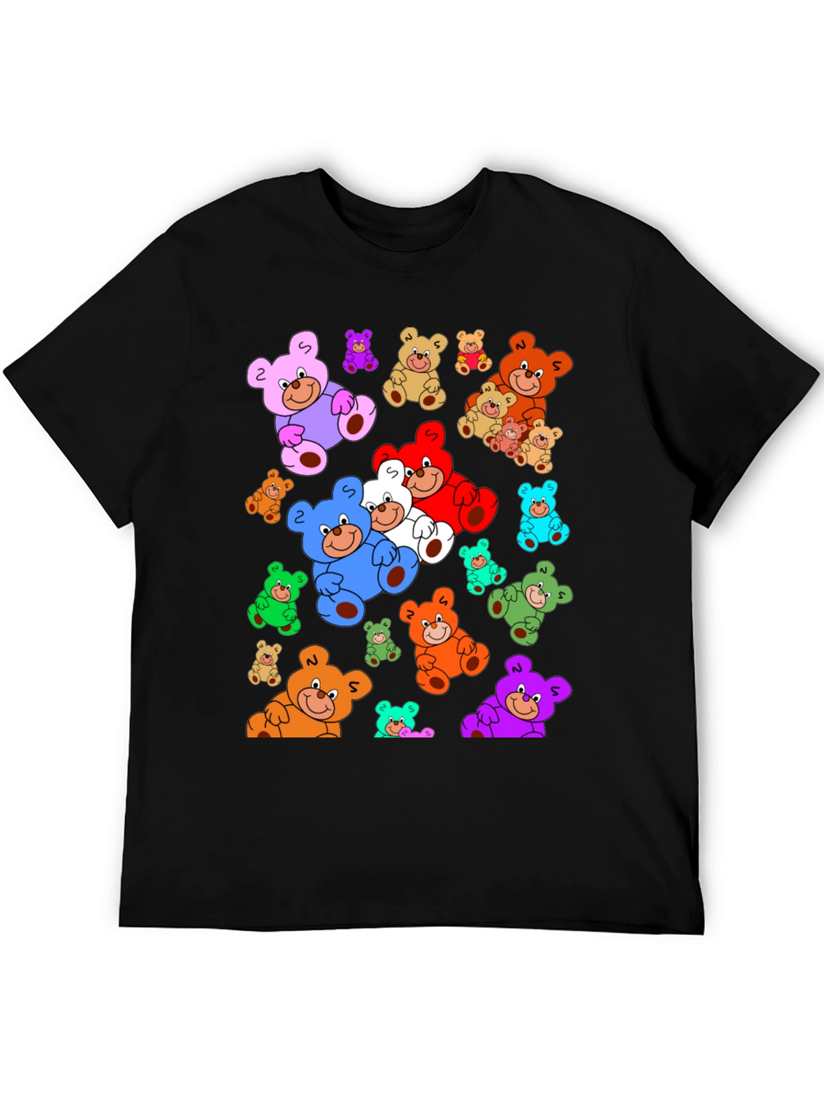 Fun Cartoon Teddy Bear Print Black T-Shirt