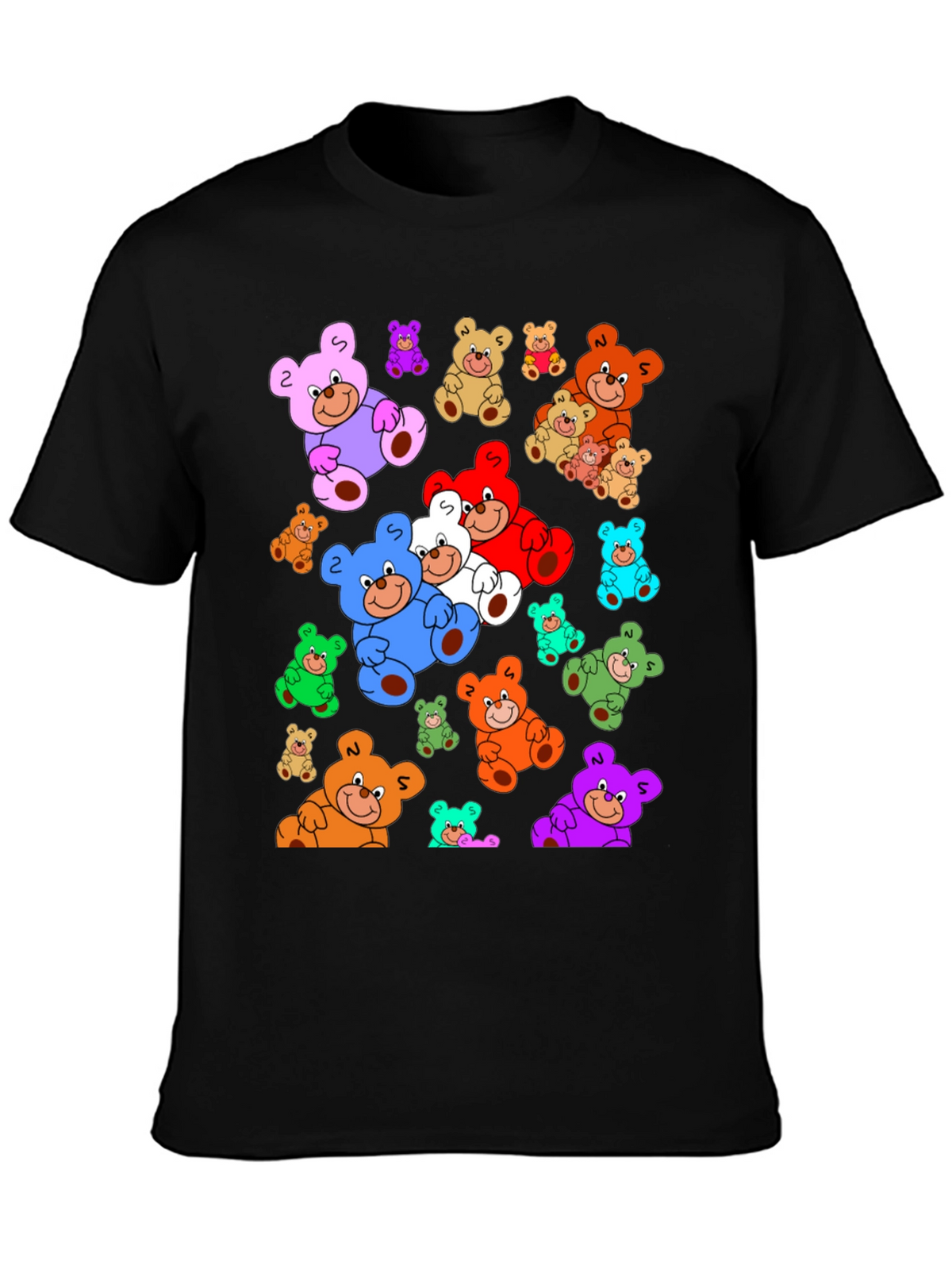 Fun Cartoon Teddy Bear Print Black T-Shirt