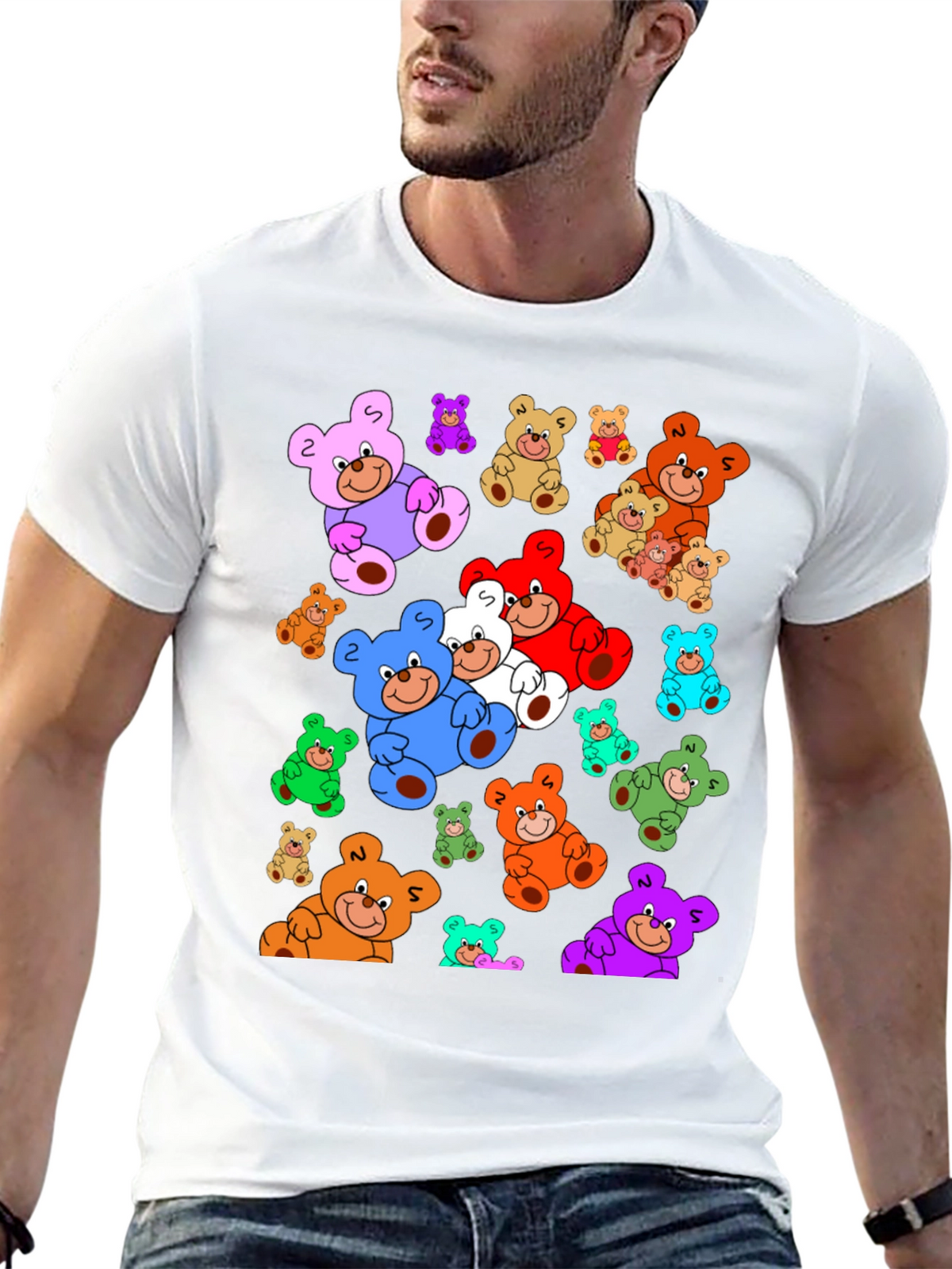 Fun Cartoon Teddy Bear Print Black T-Shirt
