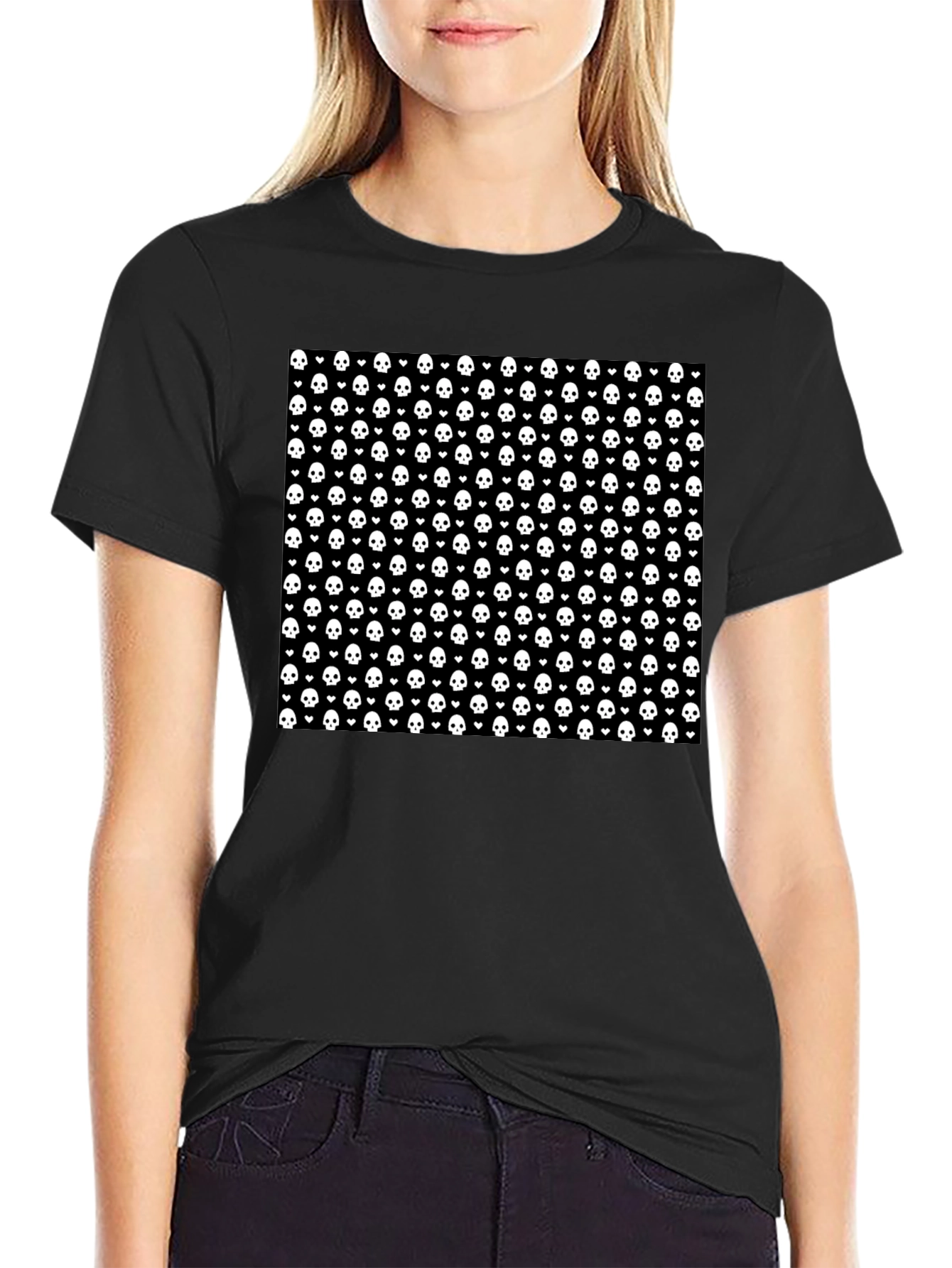 Skull & Heart Pattern Tee - Gothic Fashion