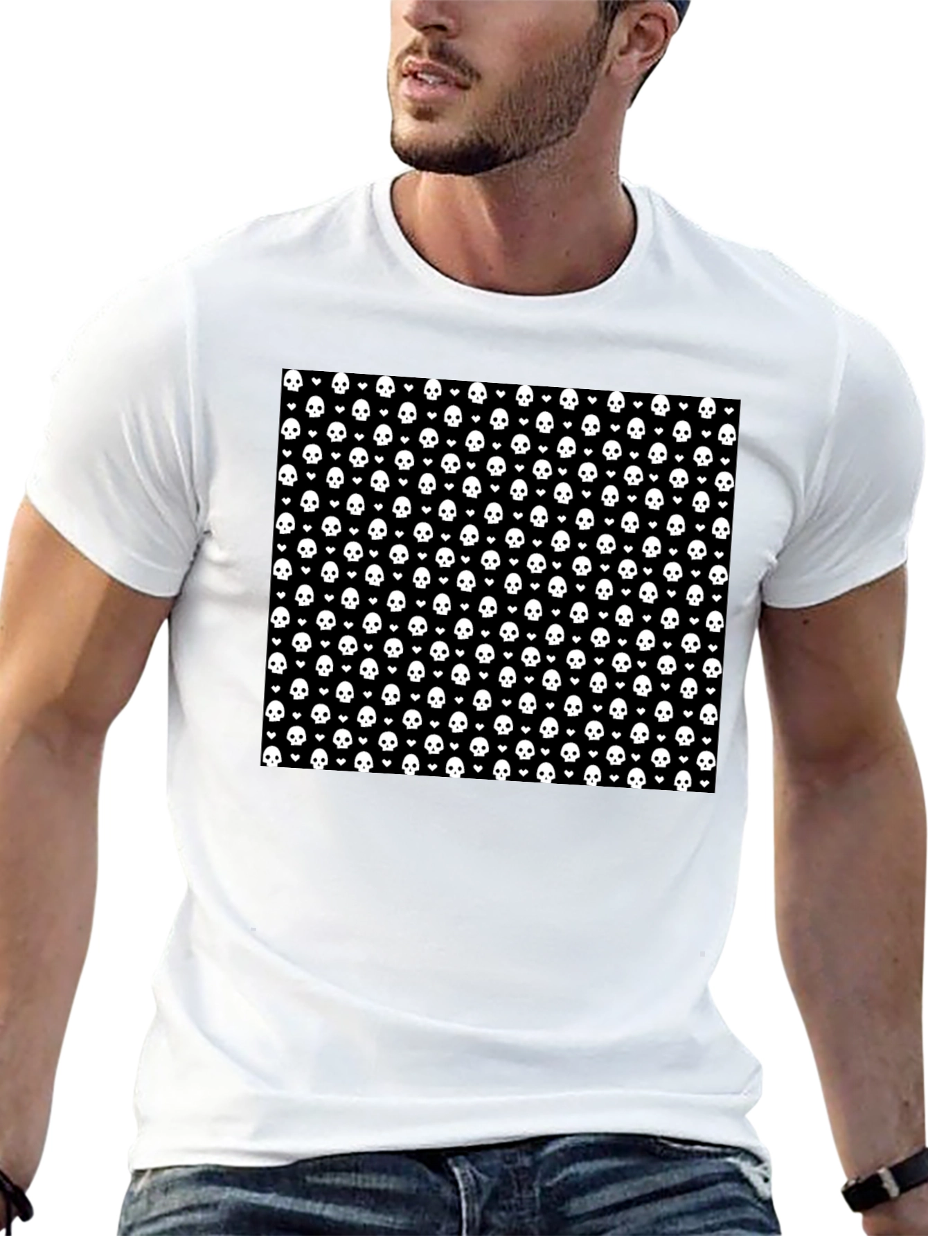 Skull & Heart Pattern Tee - Gothic Fashion