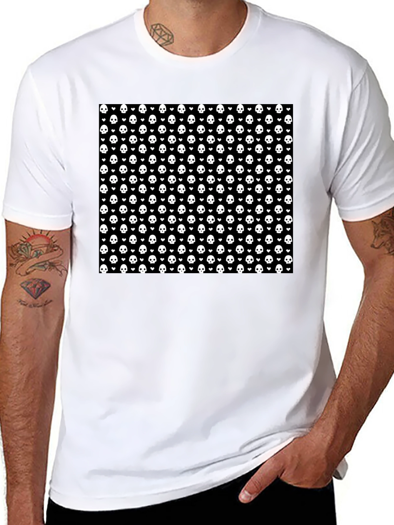 Skull & Heart Pattern Tee - Gothic Fashion