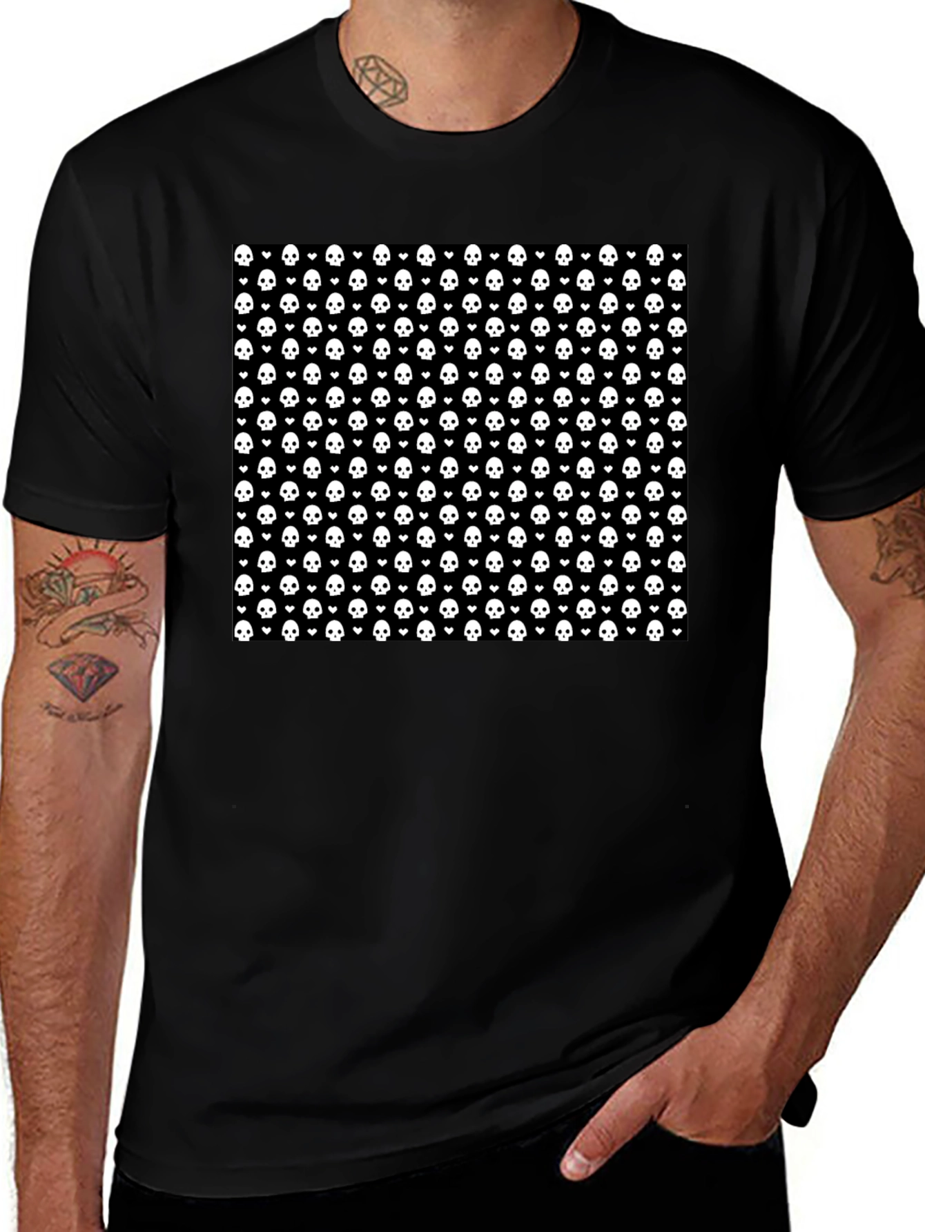 Skull & Heart Pattern Tee - Gothic Fashion