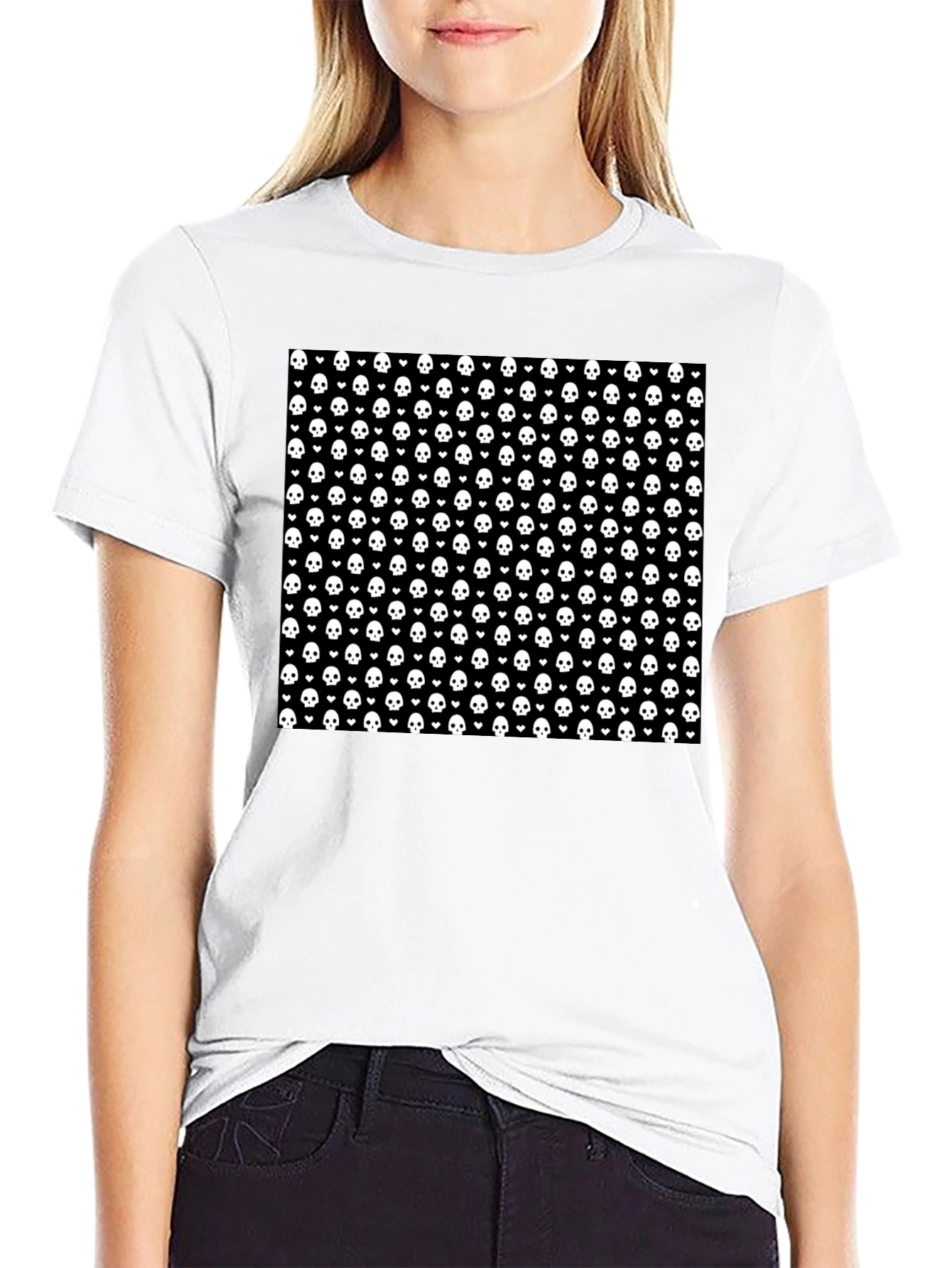 Skull & Heart Pattern Tee - Gothic Fashion