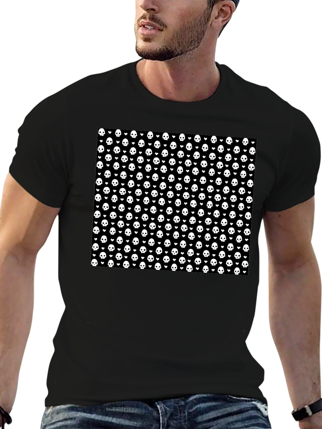 Skull & Heart Pattern Tee - Gothic Fashion