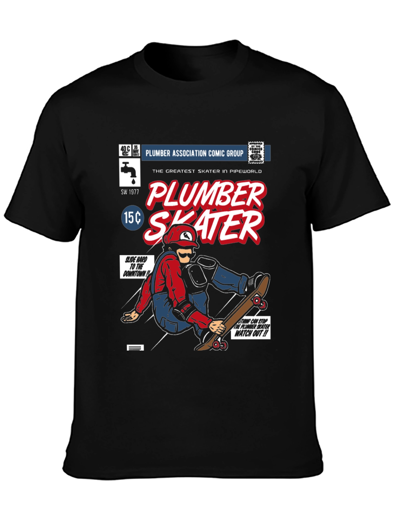 Plumber Skater Comic T-Shirt - Black Cotton Graphic Tee