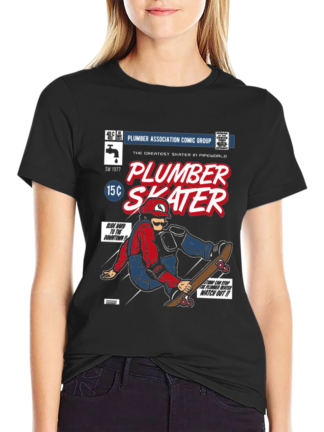 Plumber Skater Comic T-Shirt - Black Cotton Graphic Tee