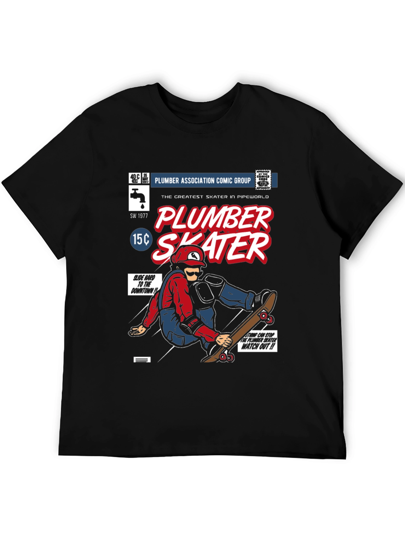 Plumber Skater Comic T-Shirt - Black Cotton Graphic Tee