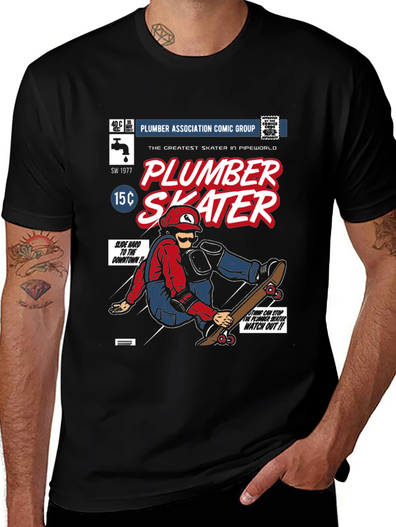 Plumber Skater Comic T-Shirt - Black Cotton Graphic Tee